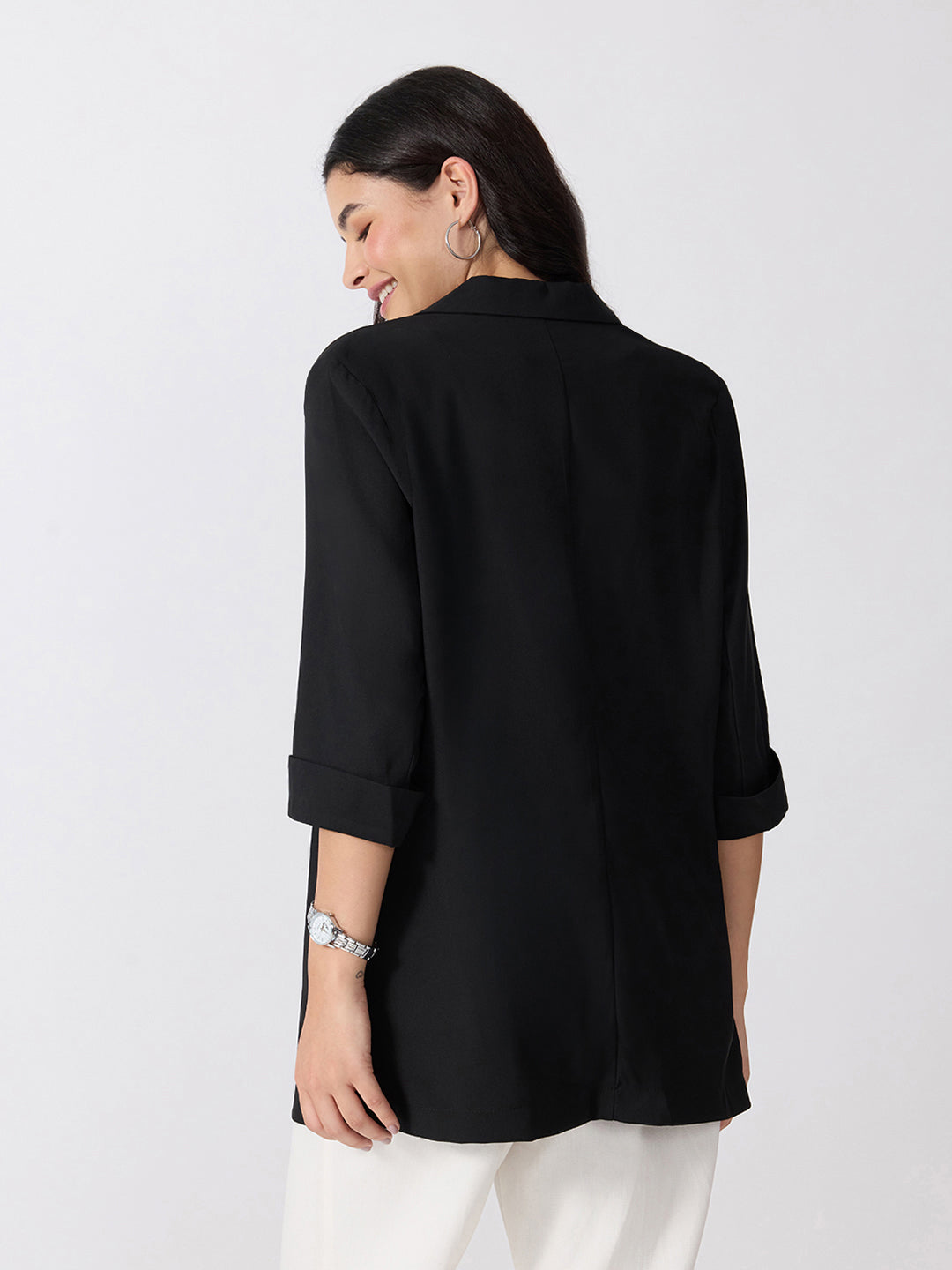 Women’s Black Longline Single-Breasted Blazer with Notched Lapel