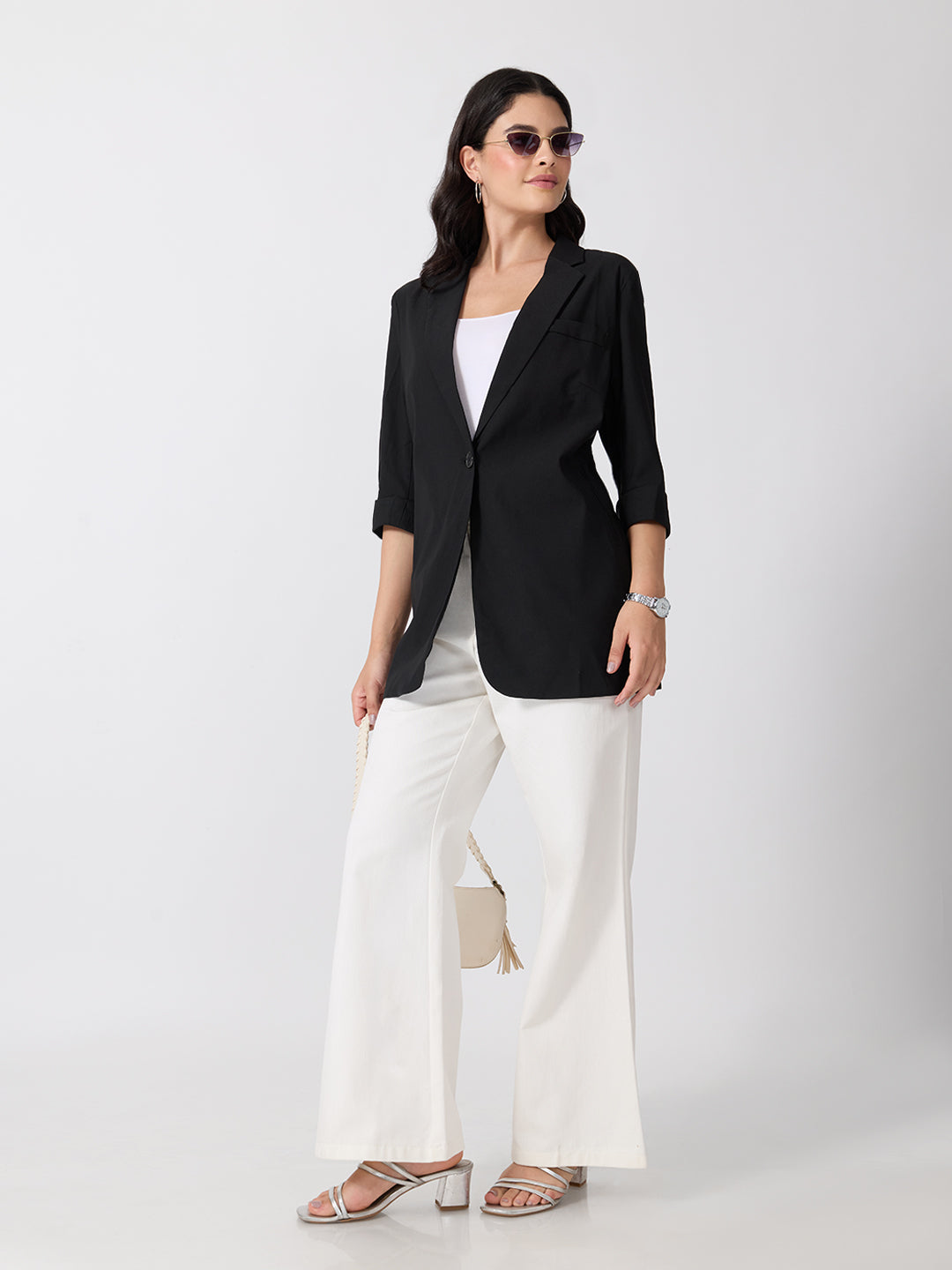 Women’s Black Longline Single-Breasted Blazer with Notched Lapel