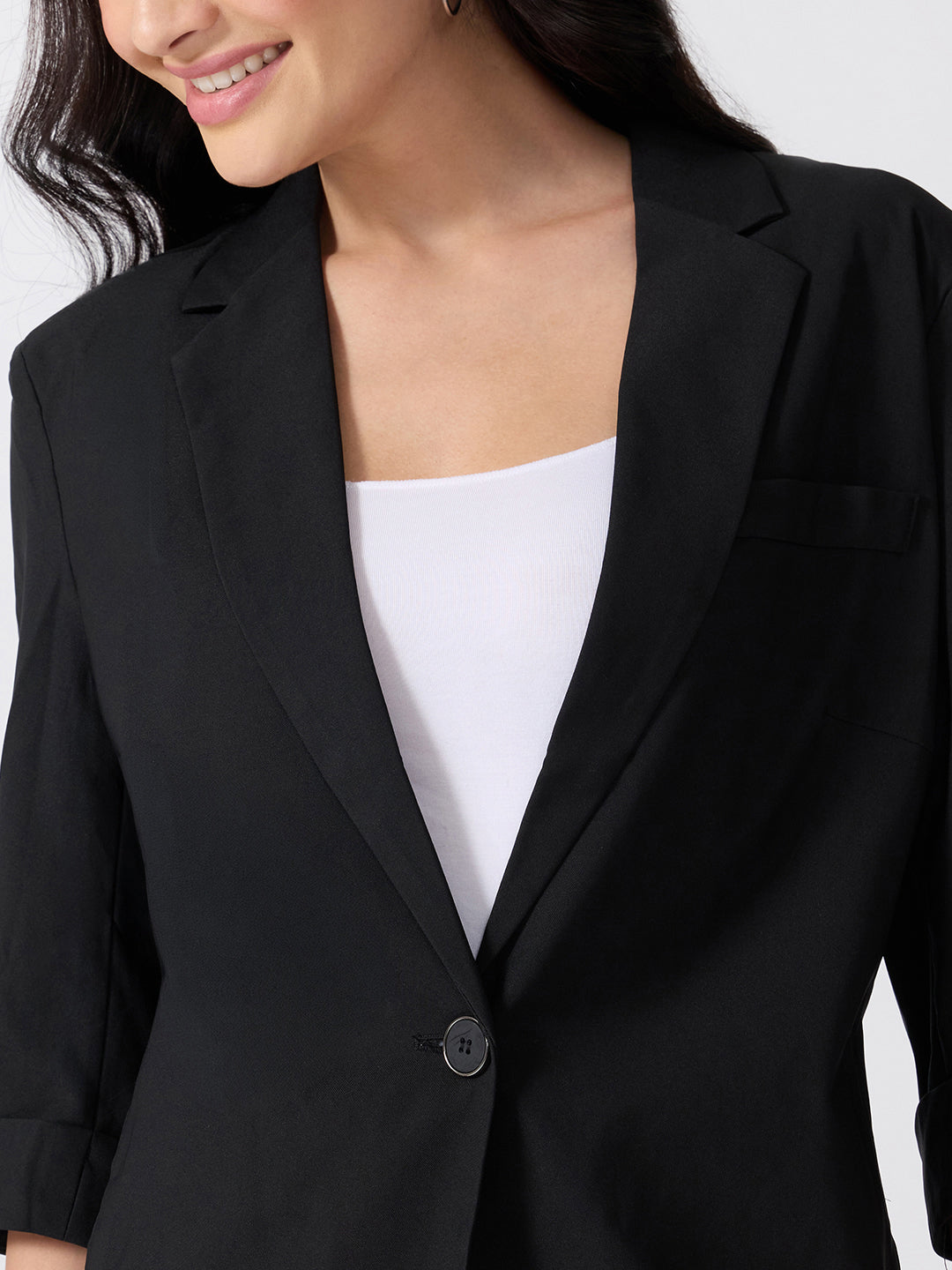 Women’s Black Longline Single-Breasted Blazer with Notched Lapel