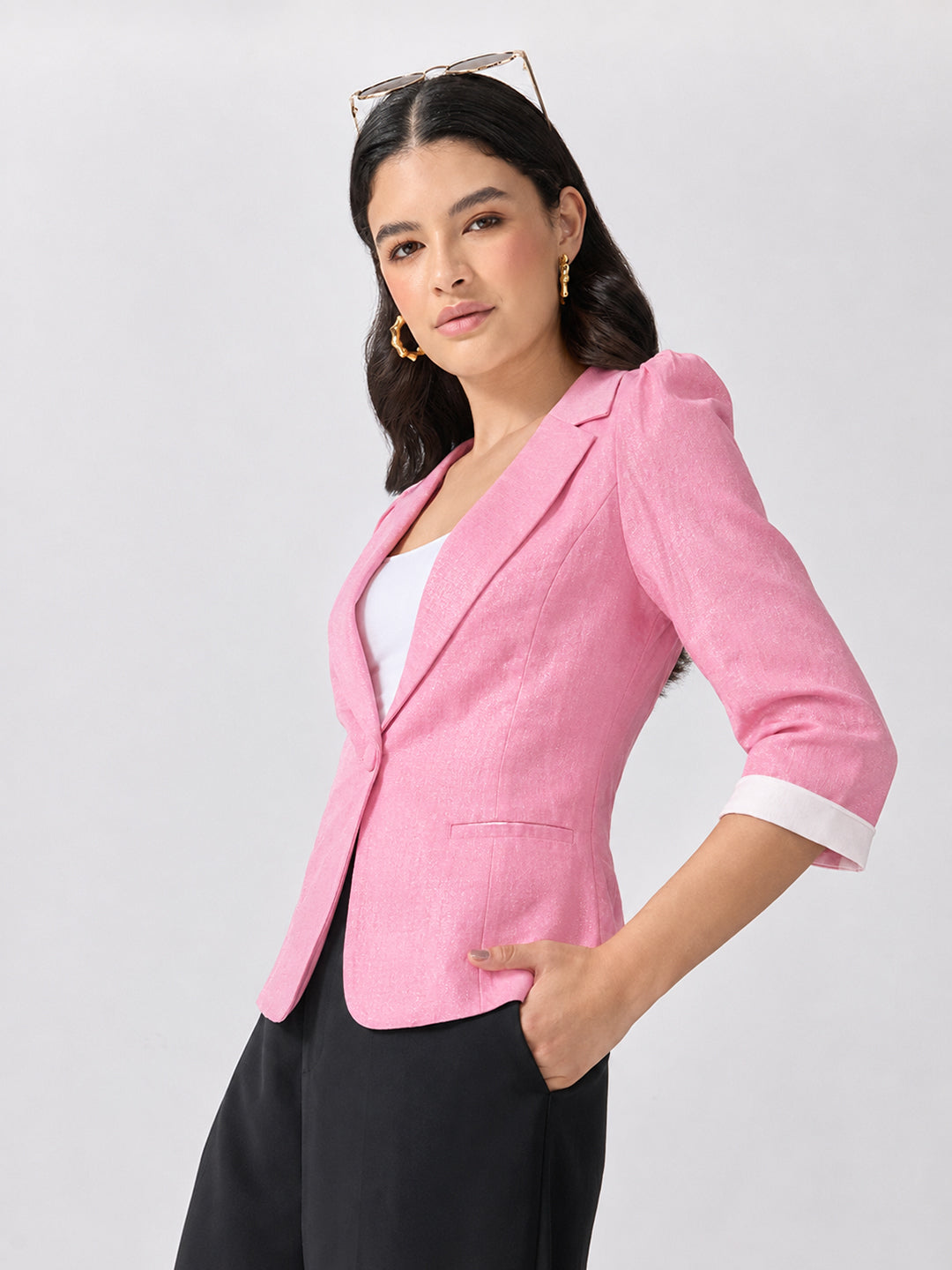 Women’s Pink Notched Lapel Collar Blazer with Print Cuffs
