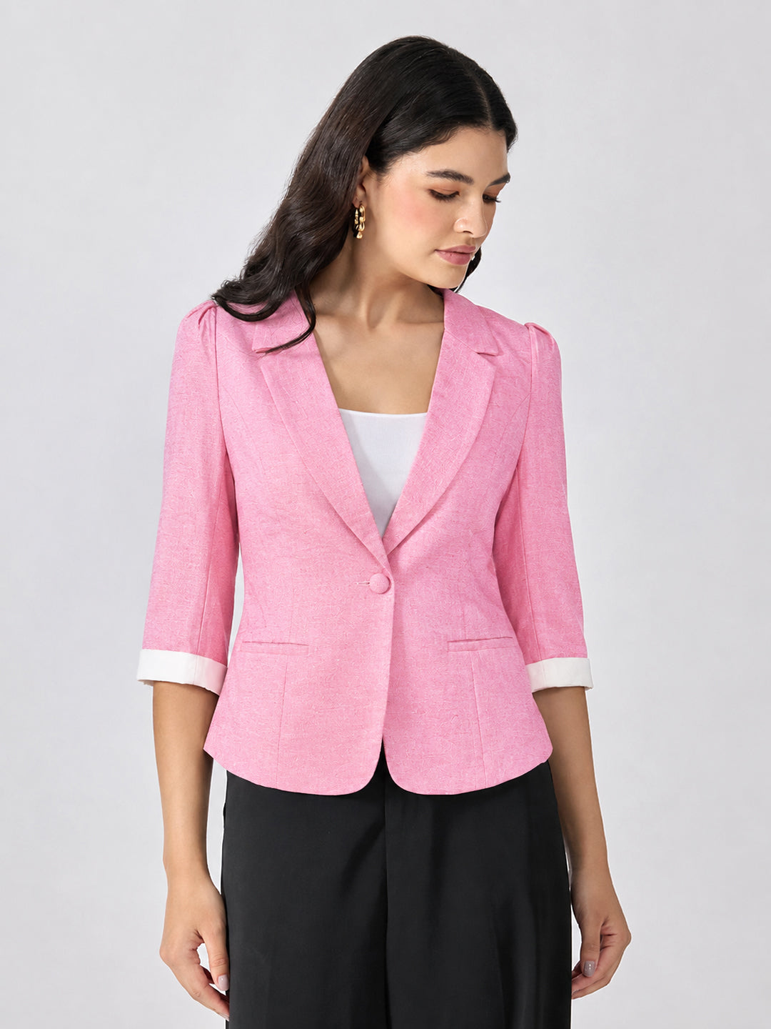 Women’s Pink Notched Lapel Collar Blazer with Print Cuffs