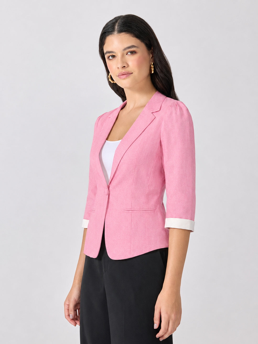 Women’s Pink Notched Lapel Collar Blazer with Print Cuffs