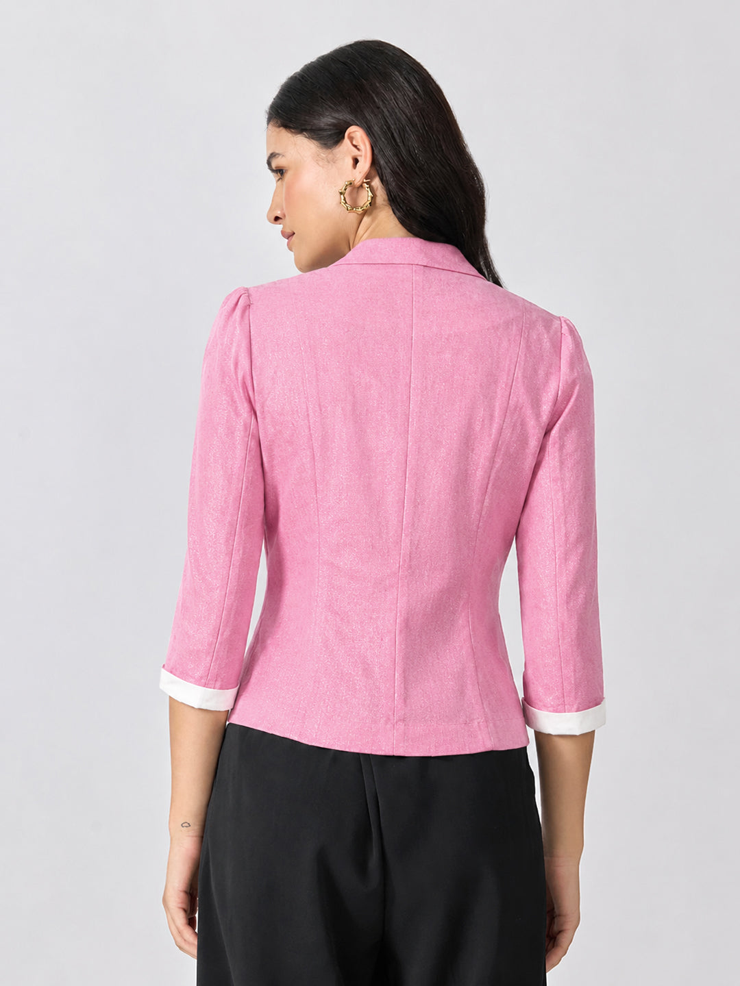 Women’s Pink Notched Lapel Collar Blazer with Print Cuffs