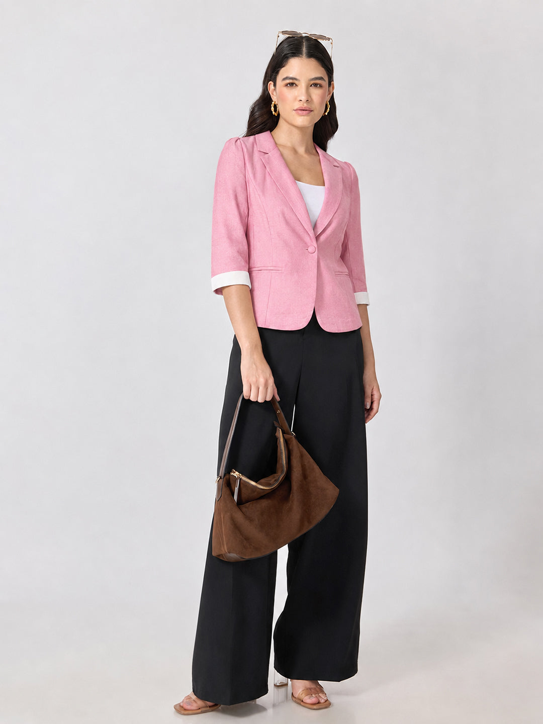 Women’s Pink Notched Lapel Collar Blazer with Print Cuffs