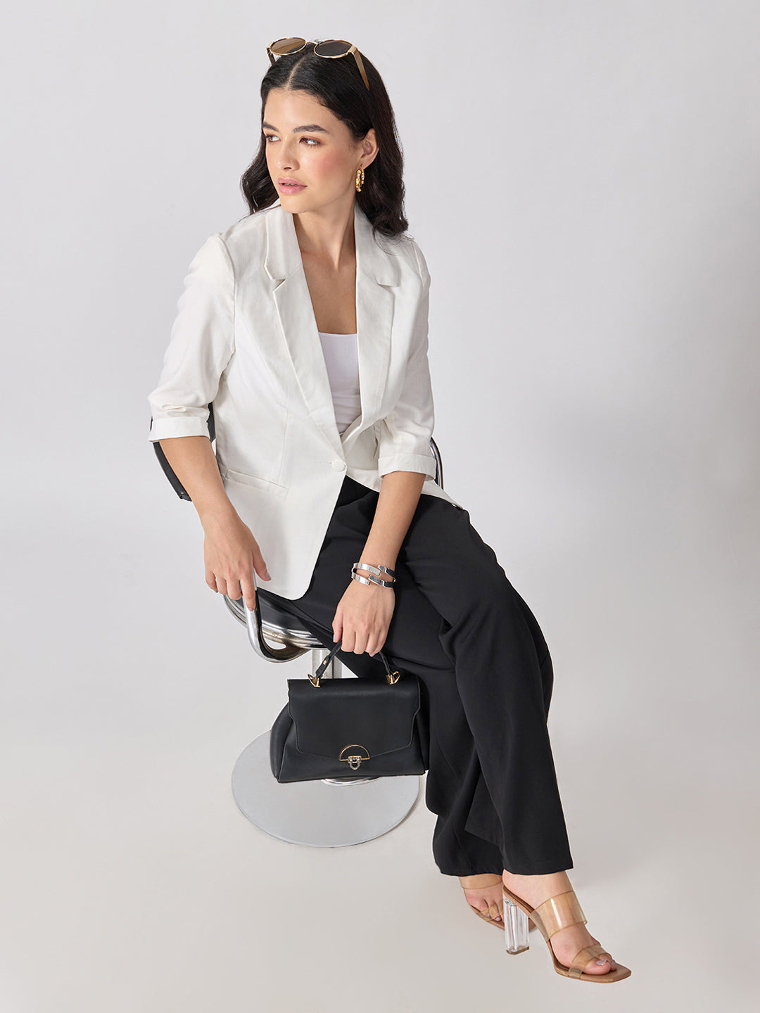 Women’s White Notched Lapel Collar Blazer with Print Cuffs