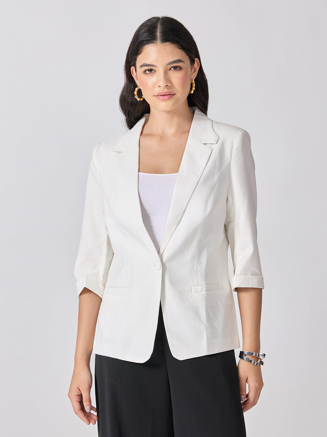 Women’s White Notched Lapel Collar Blazer with Print Cuffs