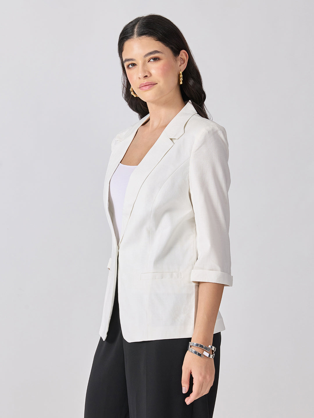 Women’s White Notched Lapel Collar Blazer with Print Cuffs