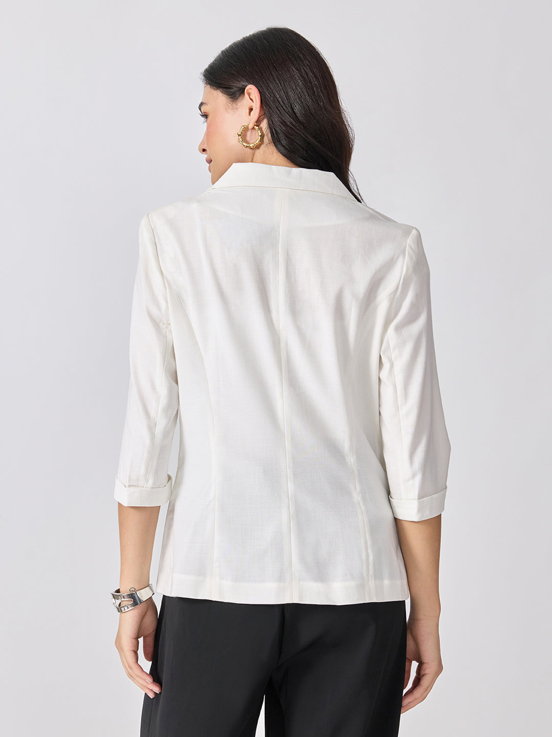 Women’s White Notched Lapel Collar Blazer with Print Cuffs