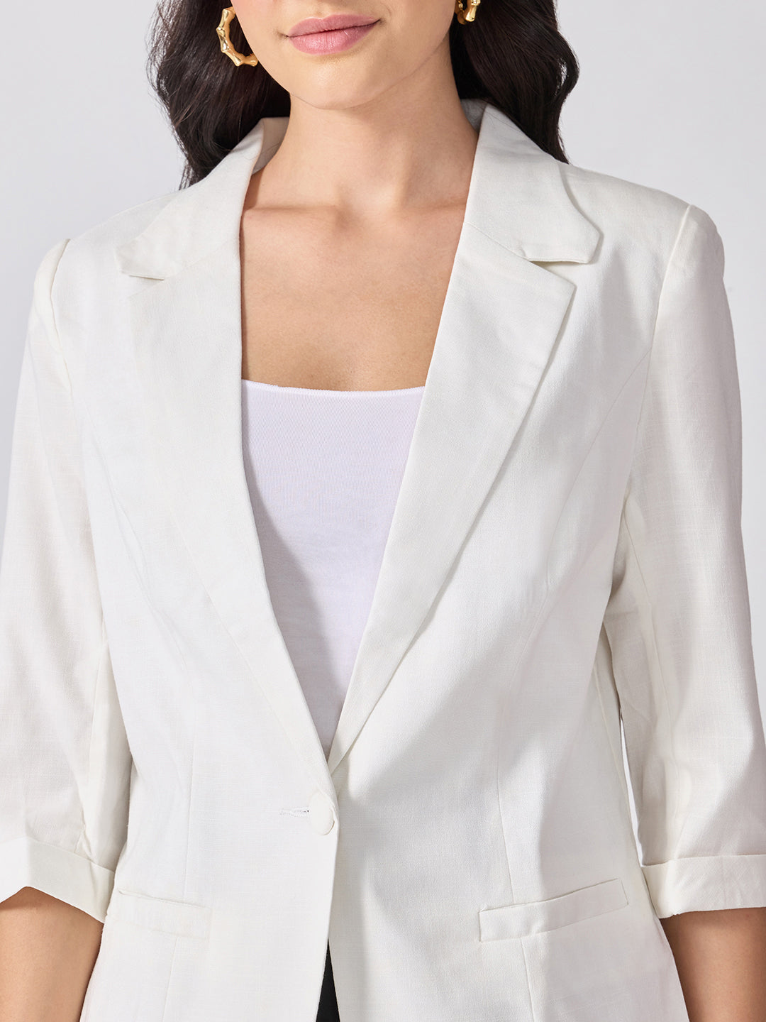 Women’s White Notched Lapel Collar Blazer with Print Cuffs