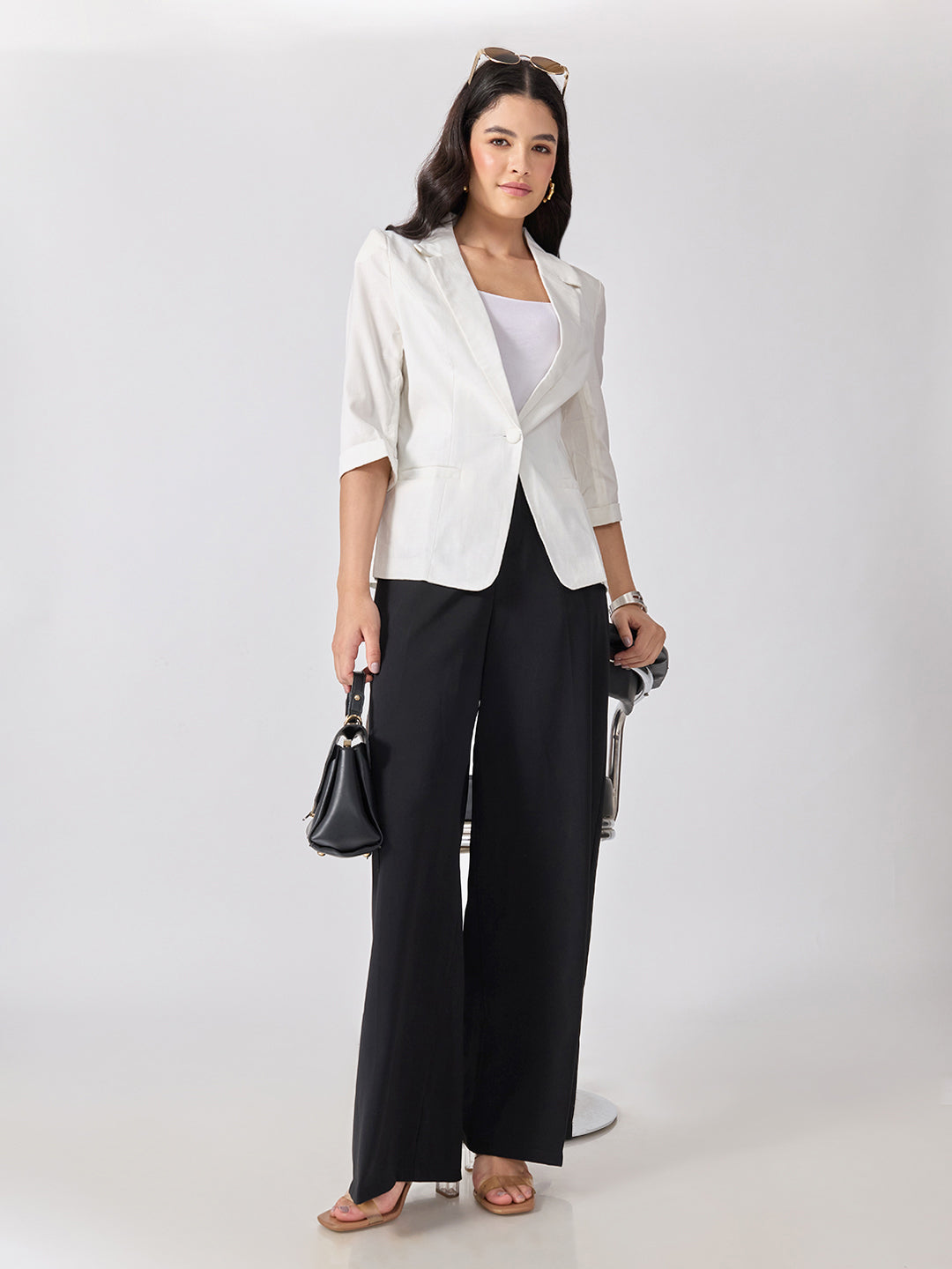 Women’s White Notched Lapel Collar Blazer with Print Cuffs