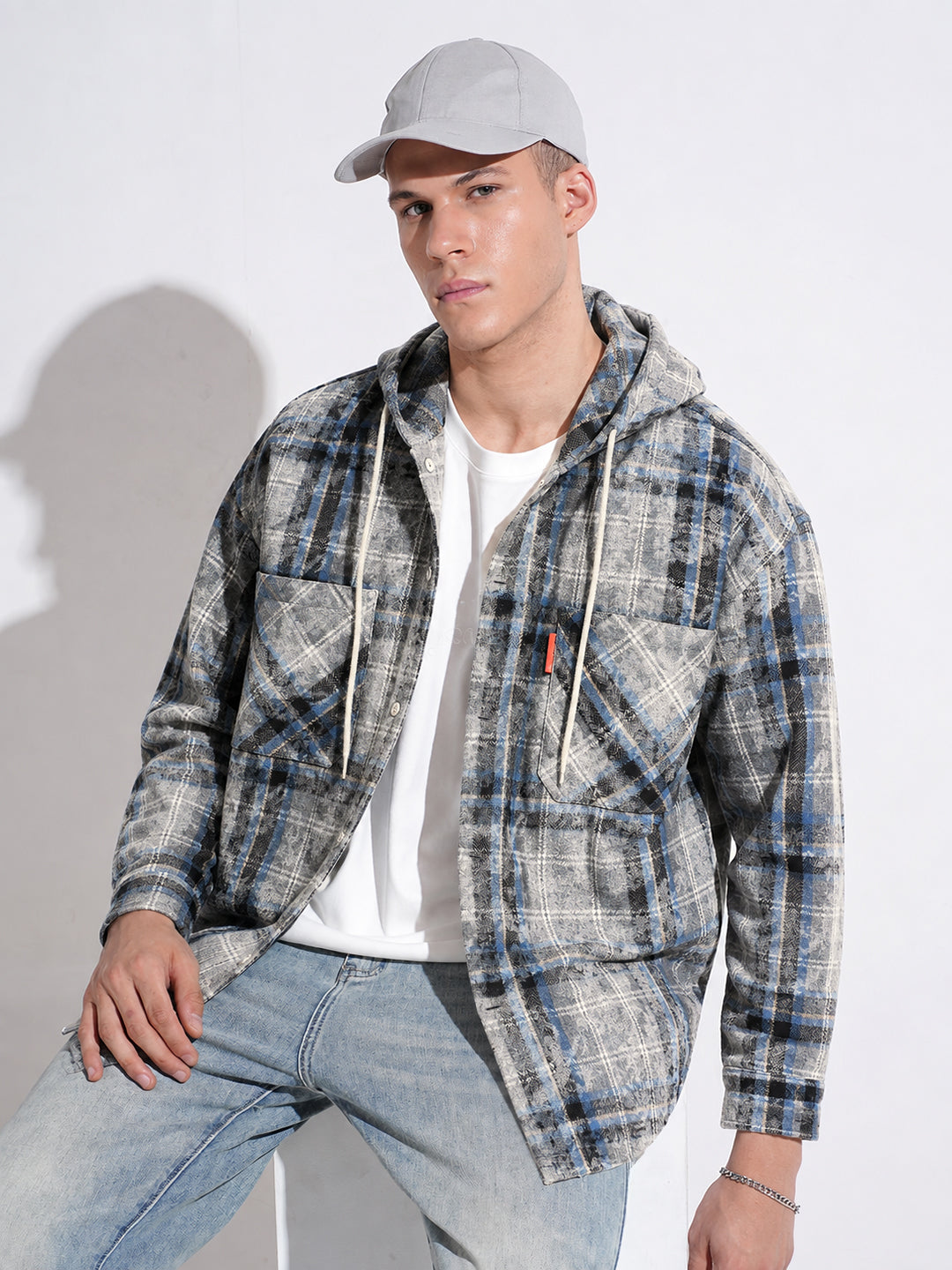 Men’s Blue Checked Shacket with Dual Chest Pockets and Hood
