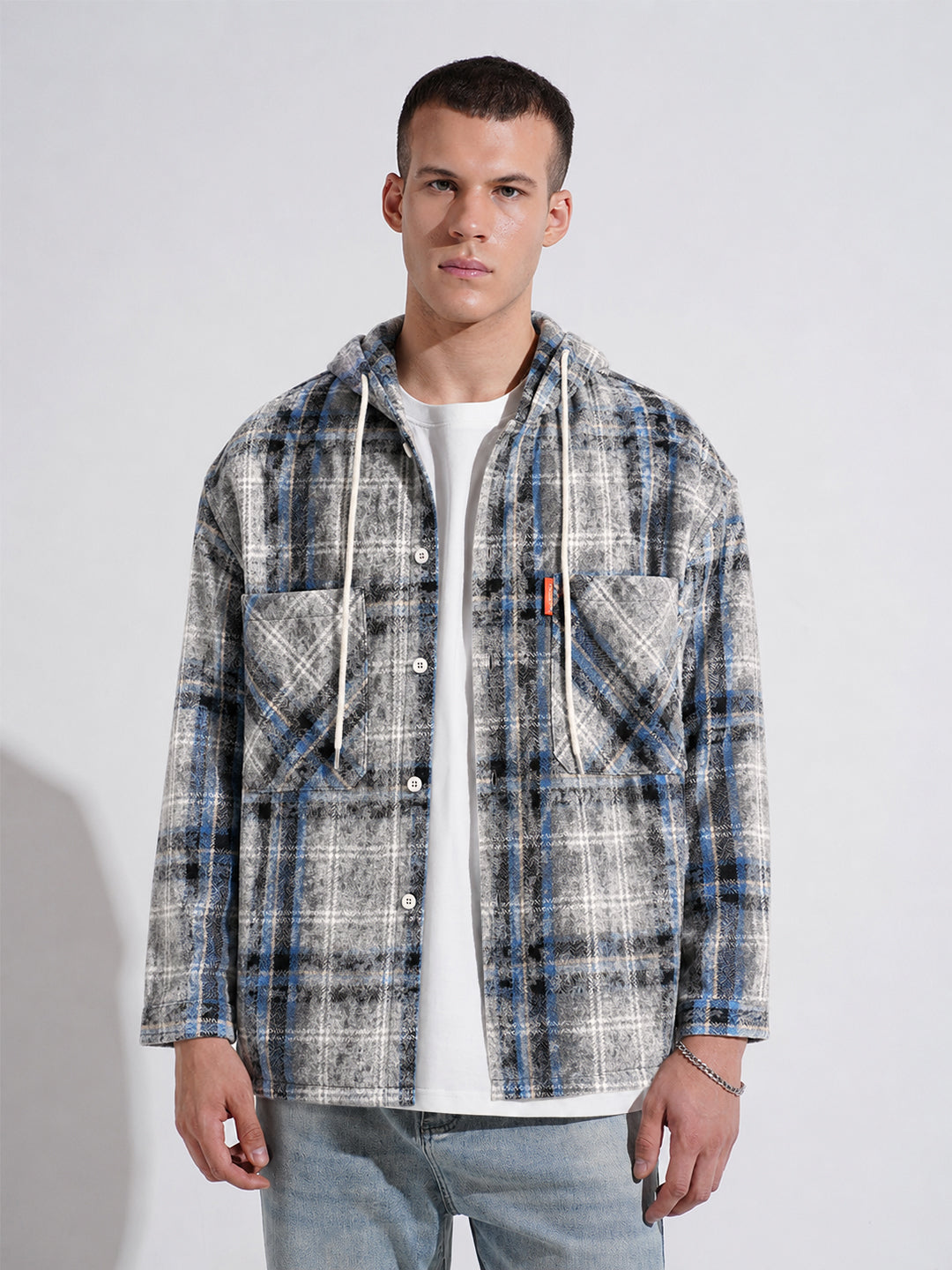Men’s Blue Checked Shacket with Dual Chest Pockets and Hood
