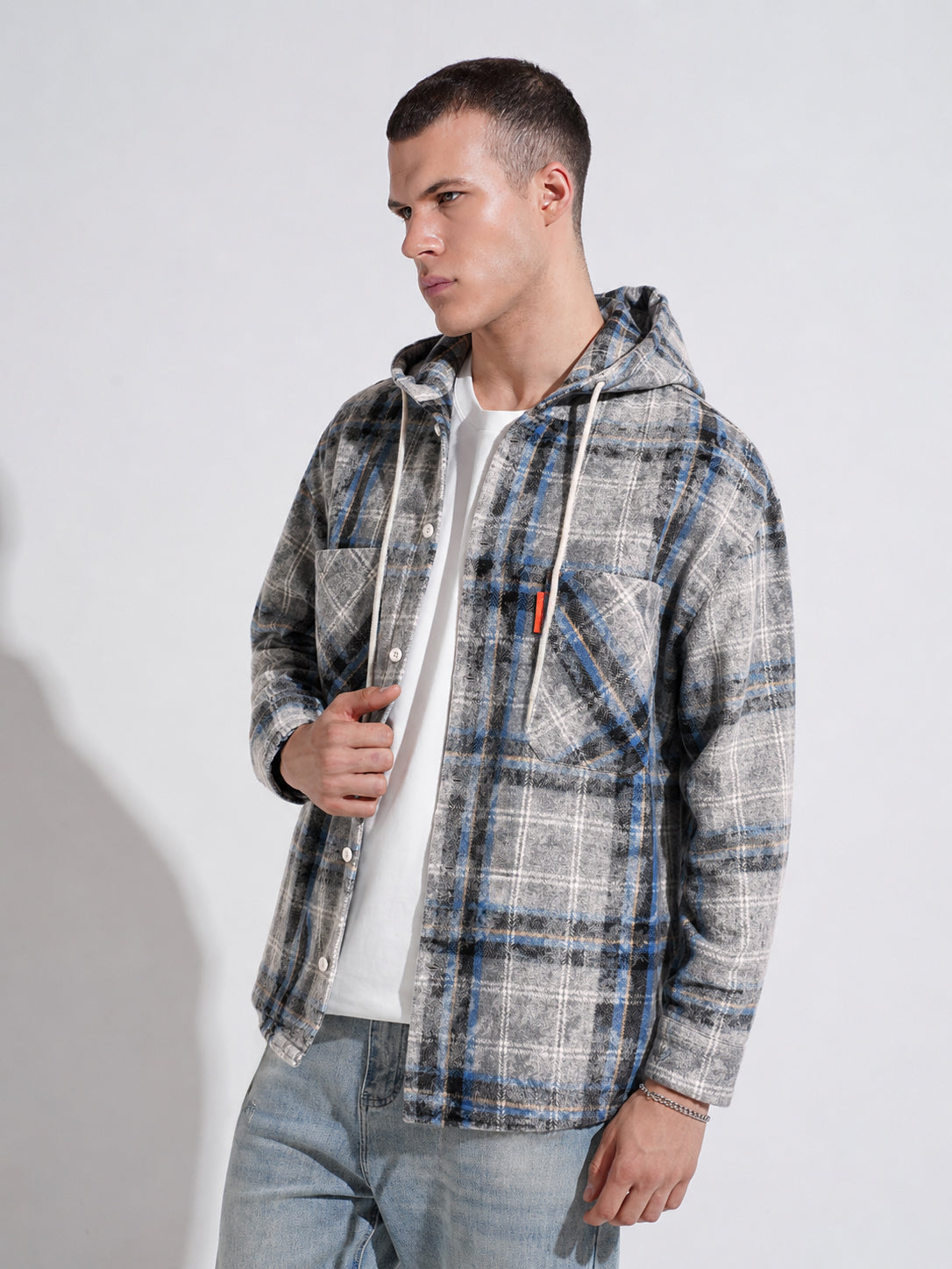 Men’s Blue Checked Shacket with Dual Chest Pockets and Hood