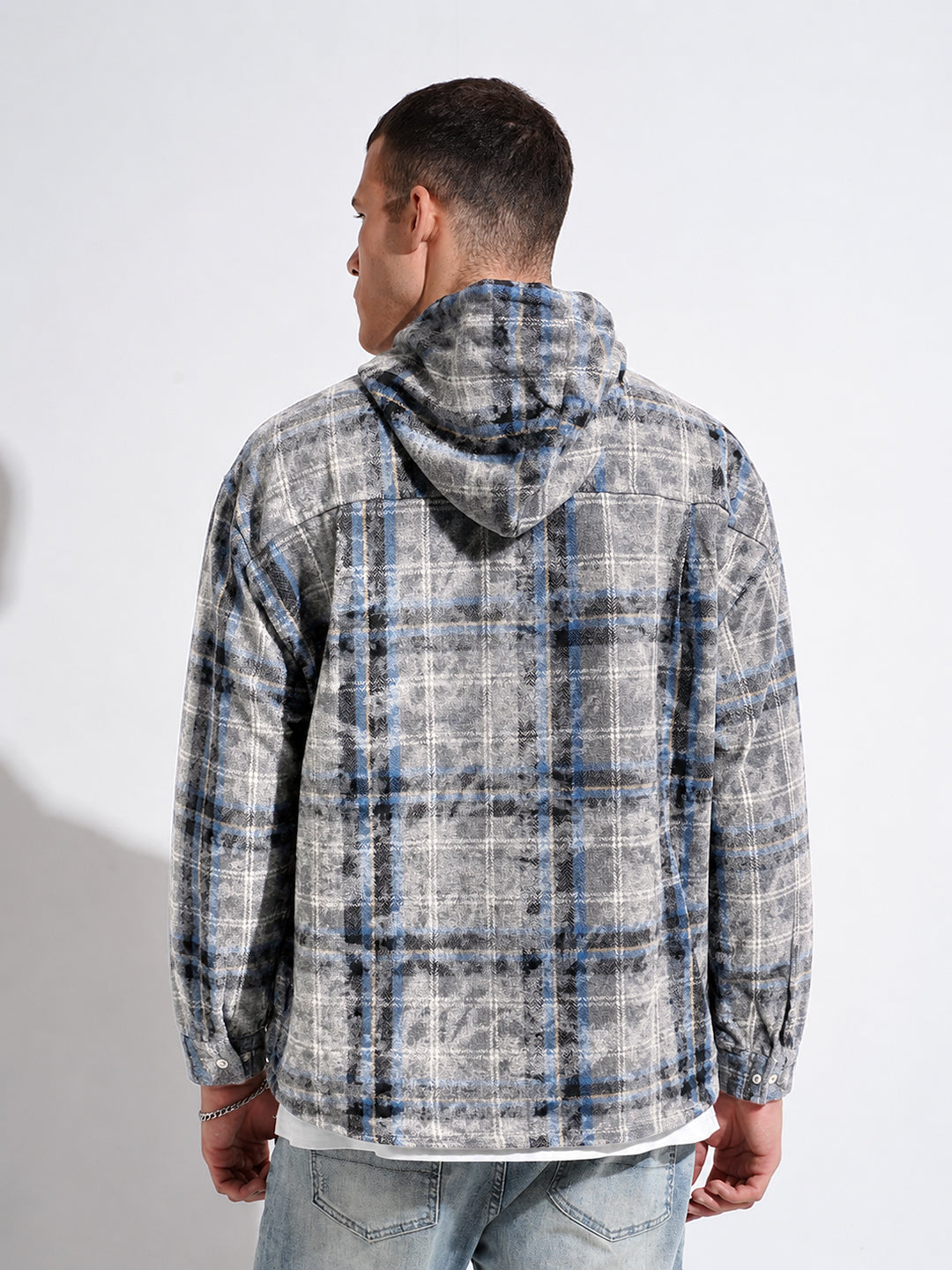 Men’s Blue Checked Shacket with Dual Chest Pockets and Hood