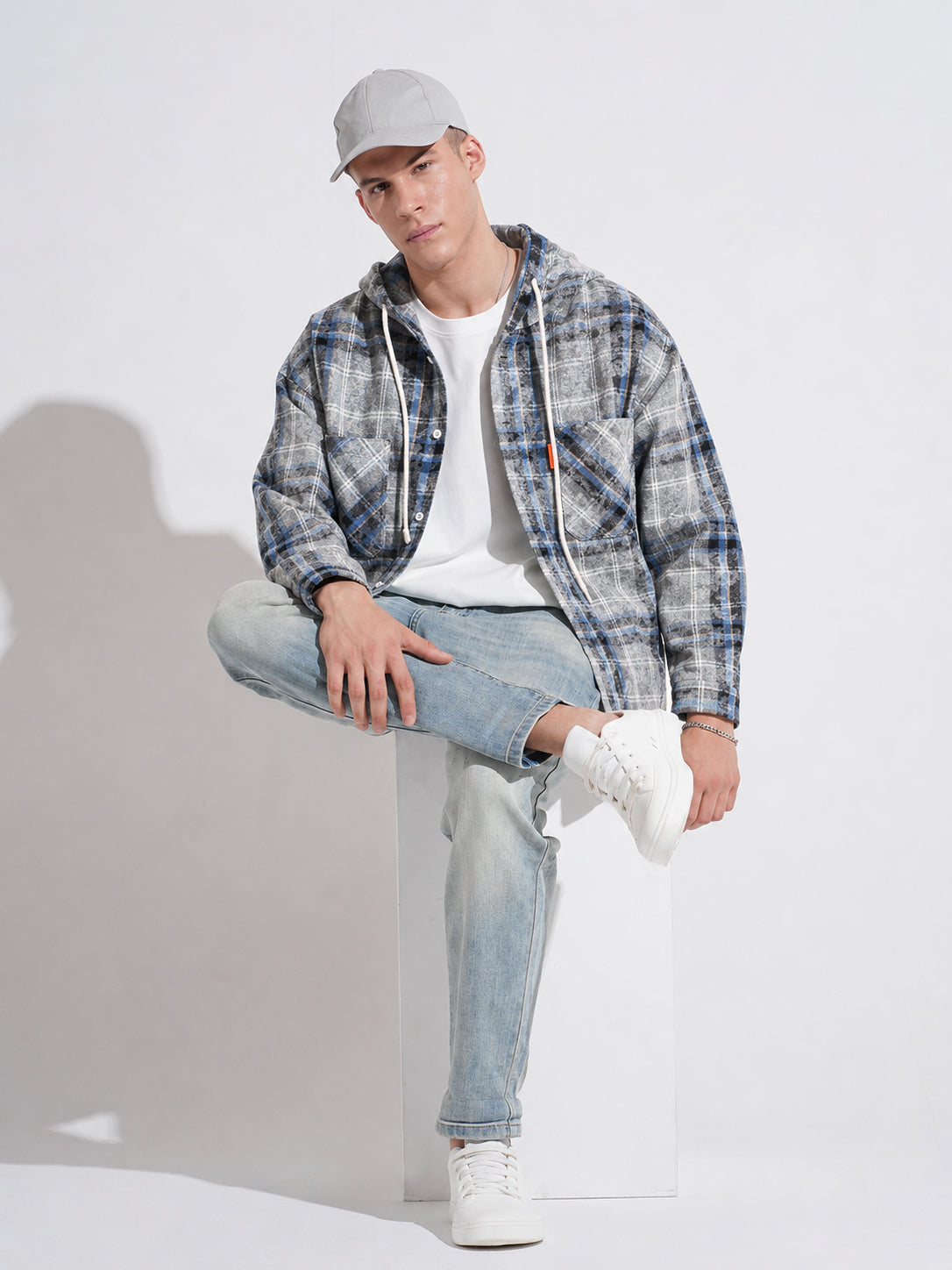 Men’s Blue Checked Shacket with Dual Chest Pockets and Hood