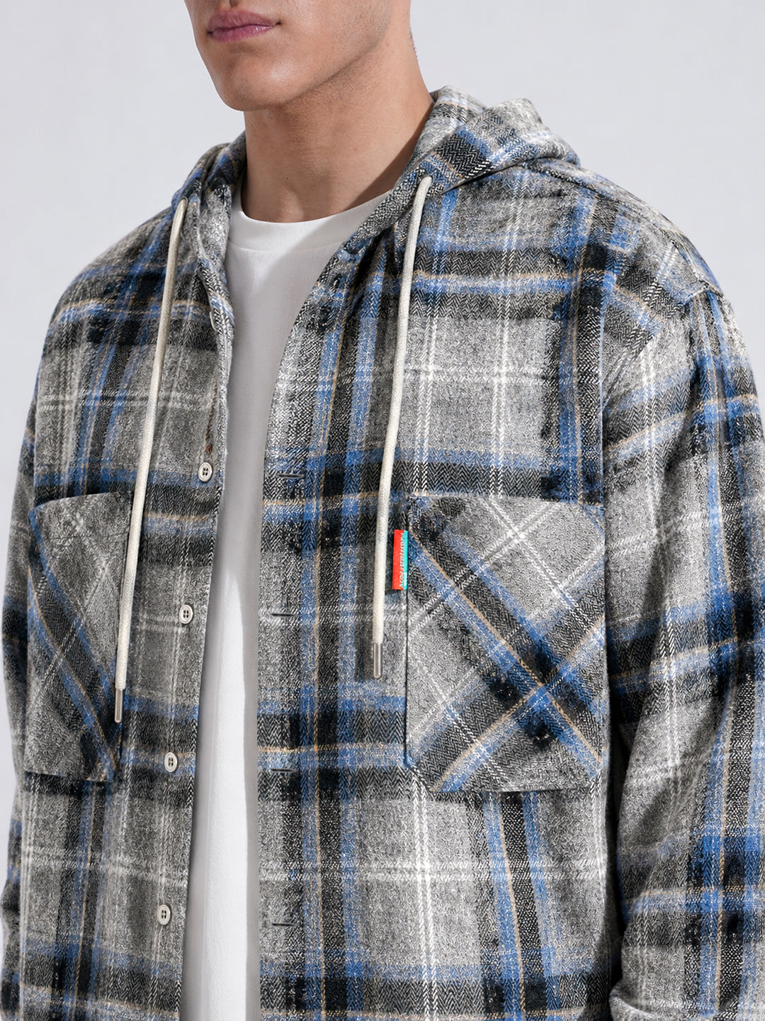 Men’s Blue Checked Shacket with Dual Chest Pockets and Hood