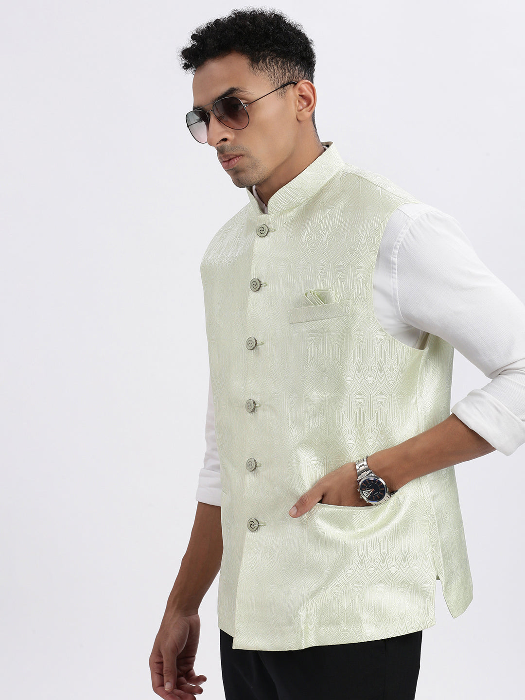 Men Green Printed Nehru Jacket