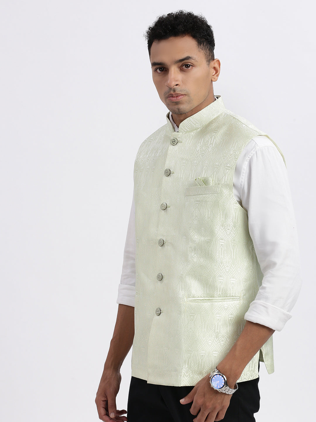 Men Green Printed Nehru Jacket