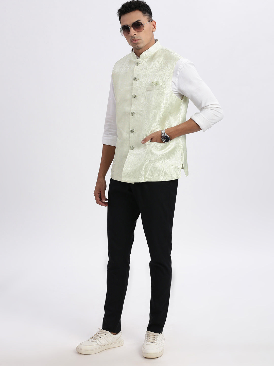 Men Green Printed Nehru Jacket