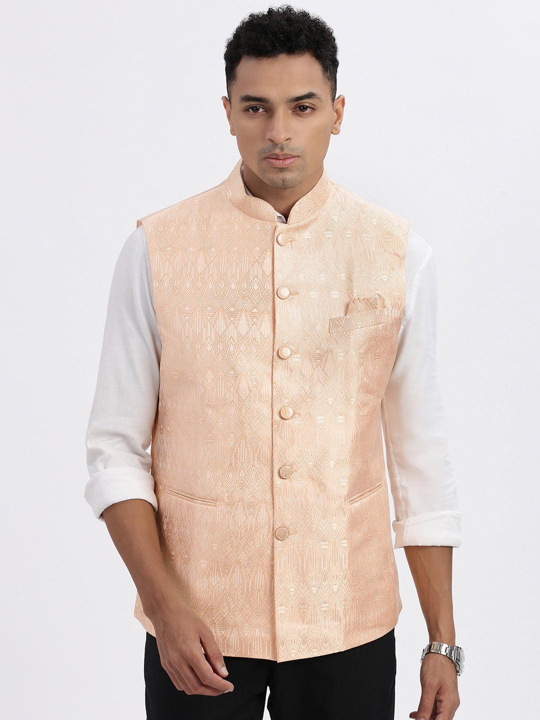 Men Orange Printed Nehru Jacket