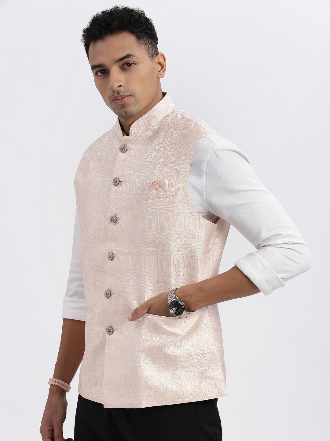 Men Peach Printed Nehru Jacket