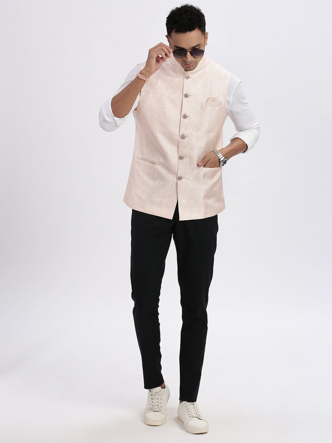 Men Peach Printed Nehru Jacket