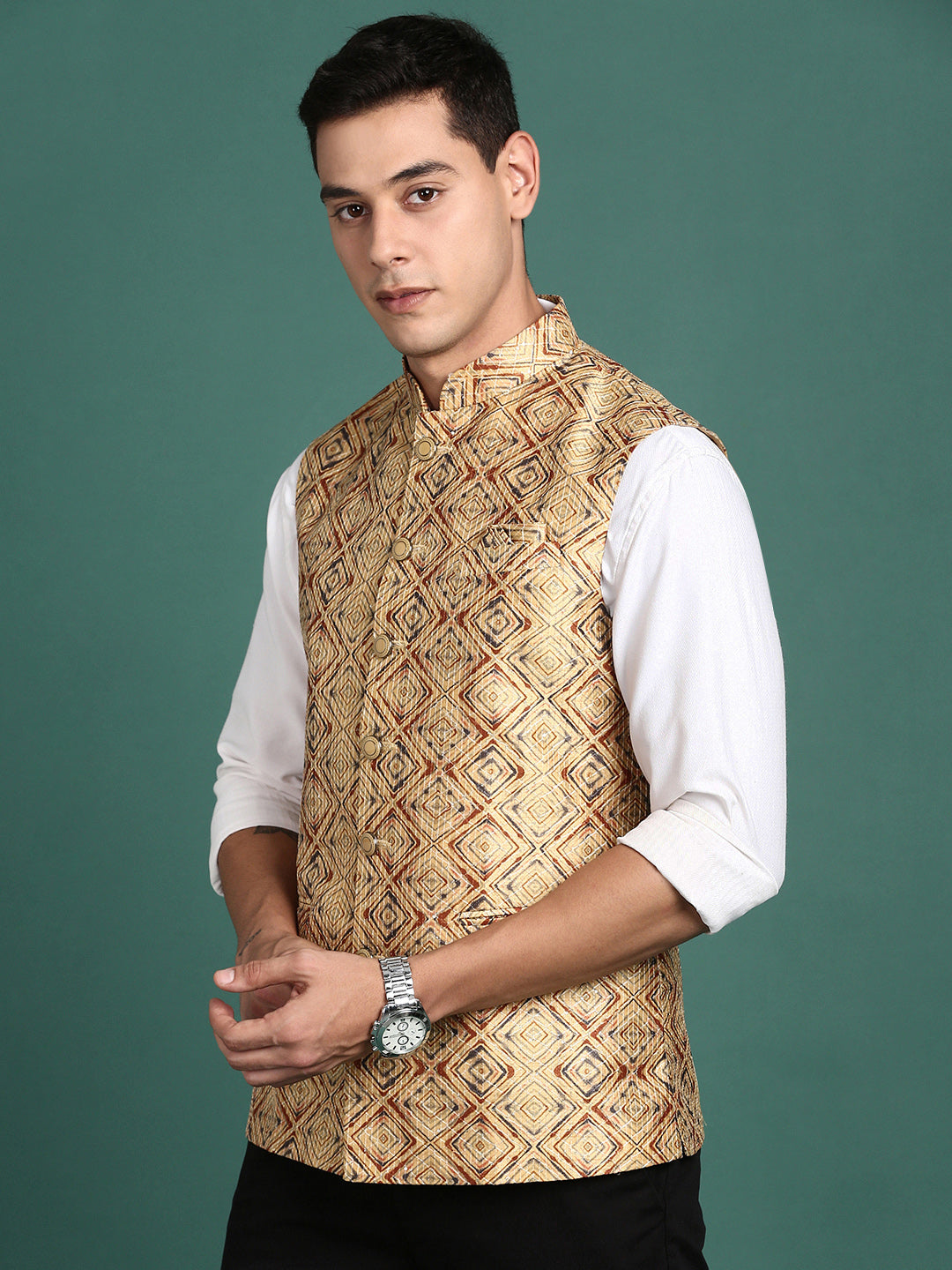 Men Embroidered Mustard Slim Fit Nehru Jacket