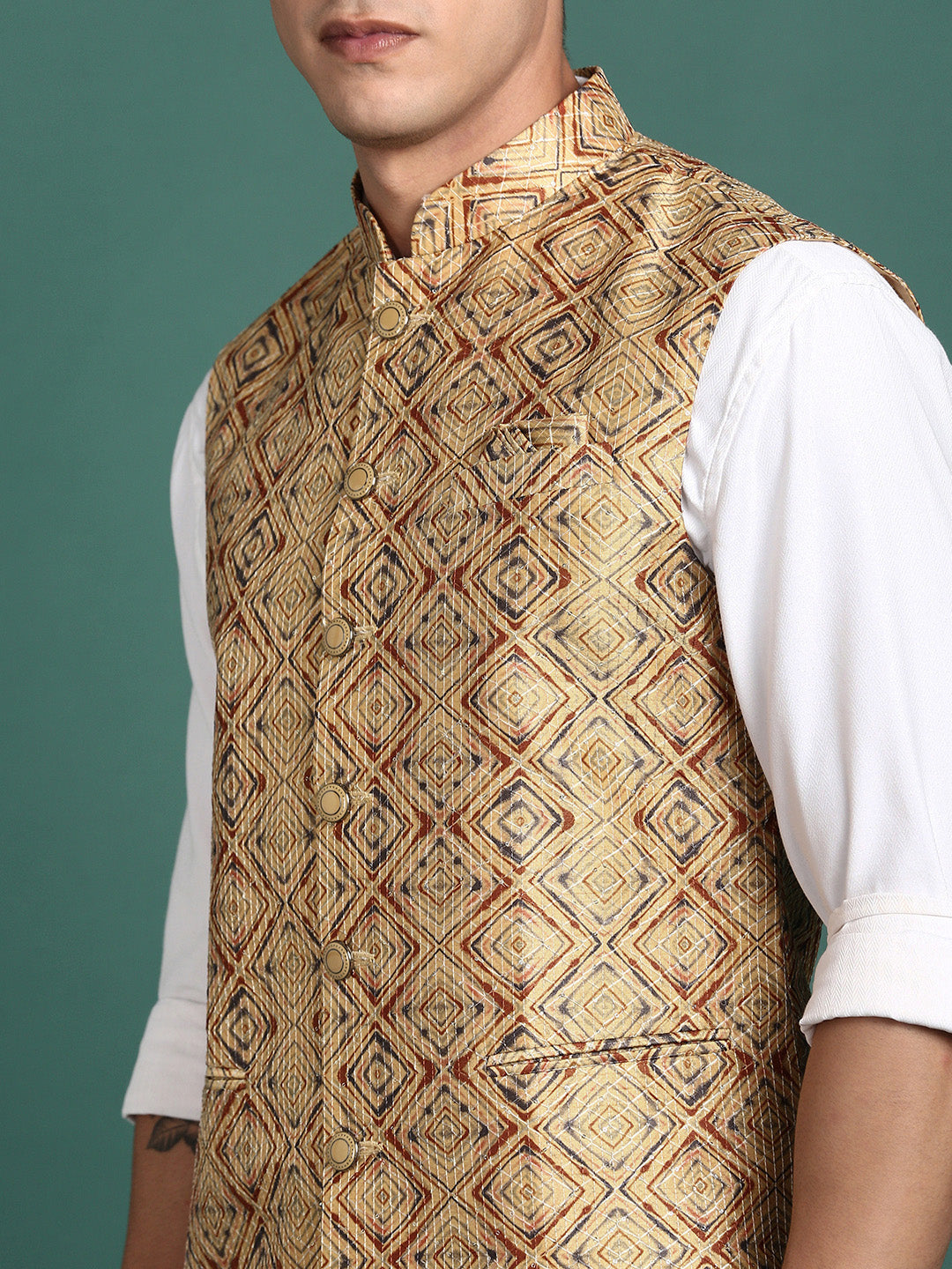 Men Embroidered Mustard Slim Fit Nehru Jacket