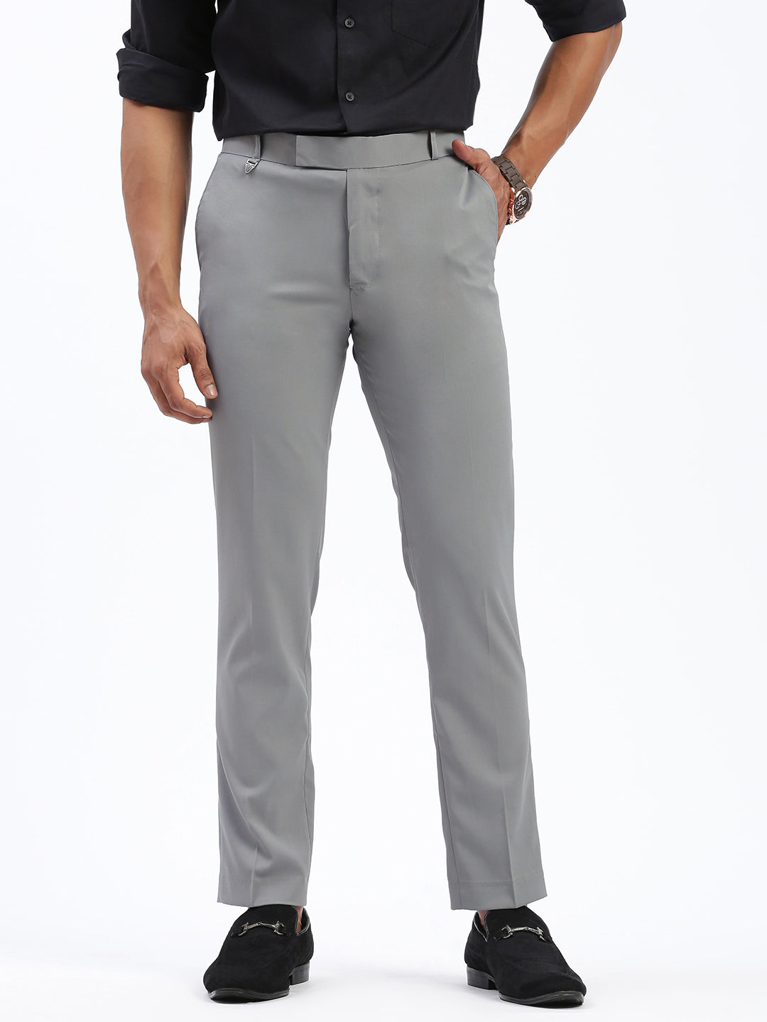 Men Solid Grey Formal Trousers