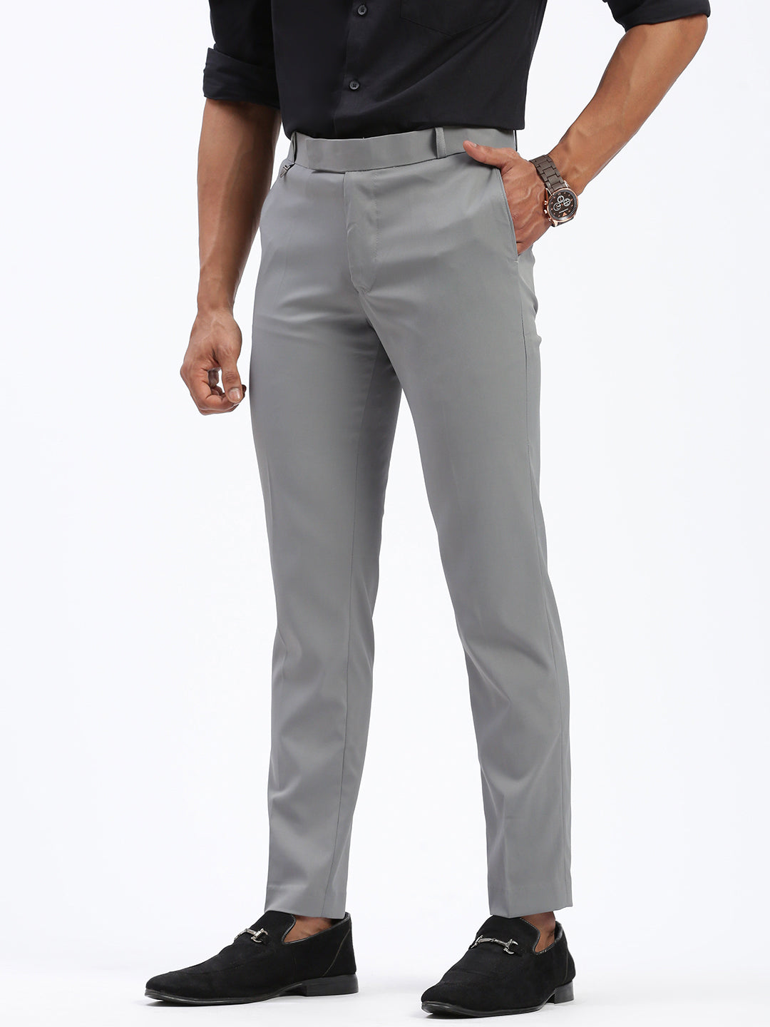 Men Solid Grey Formal Trousers