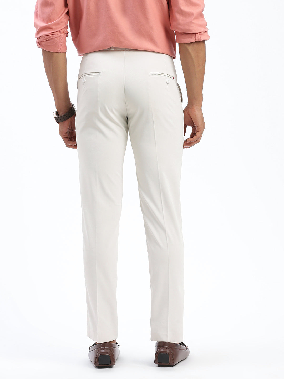 Men Solid Cream Formal Trousers