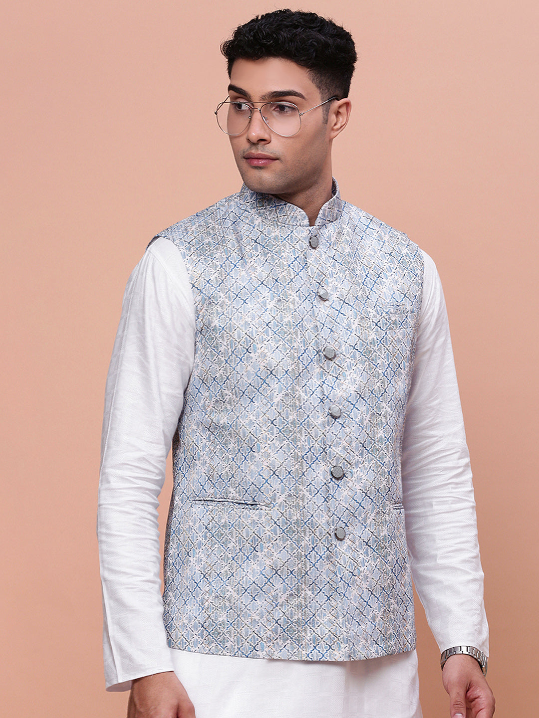 Men Embellished Blue Slim Fit Nehru Jacket