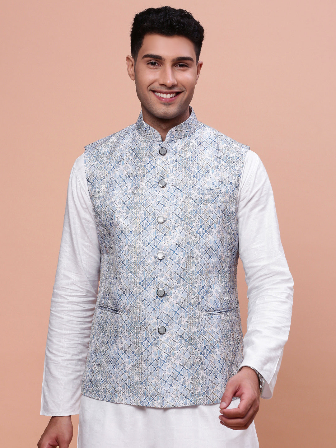 Men Embellished Blue Slim Fit Nehru Jacket