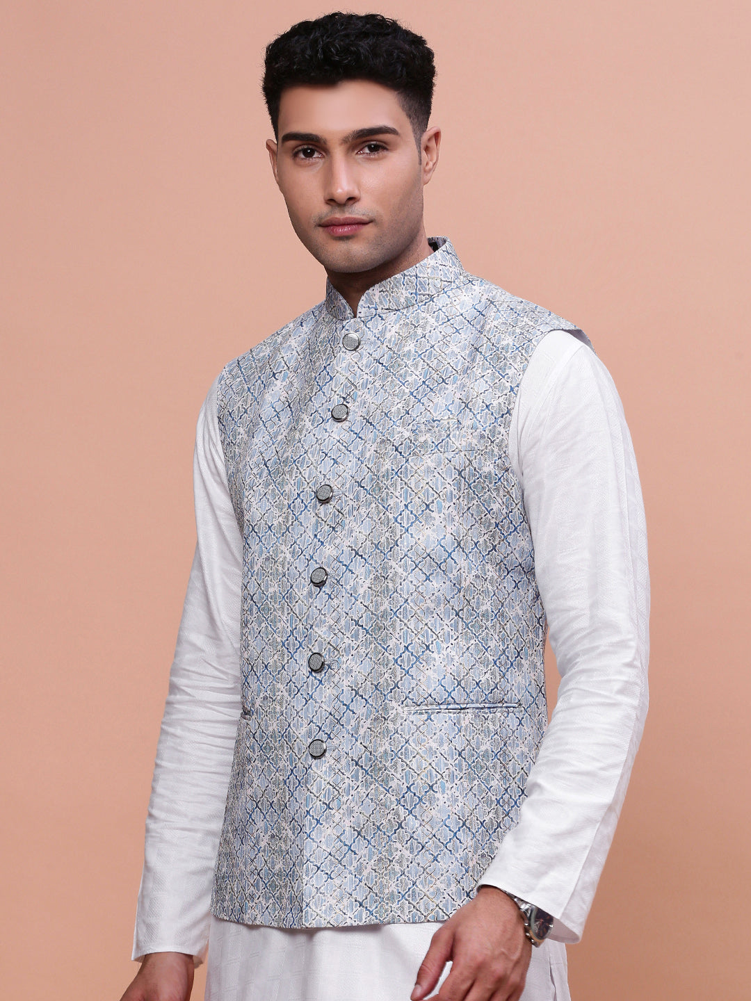 Men Embellished Blue Slim Fit Nehru Jacket