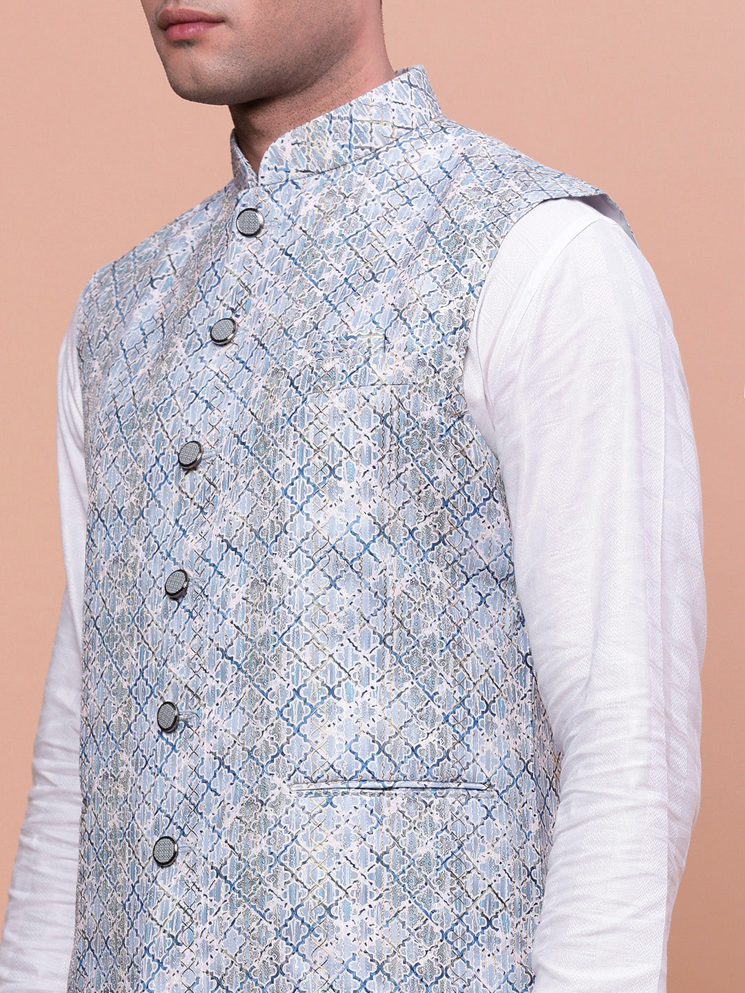 Men Embellished Blue Slim Fit Nehru Jacket