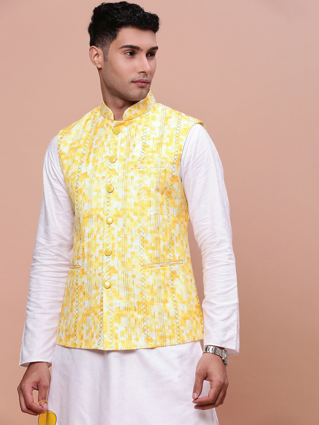 Men Embellished Yellow Slim Fit Nehru Jacket