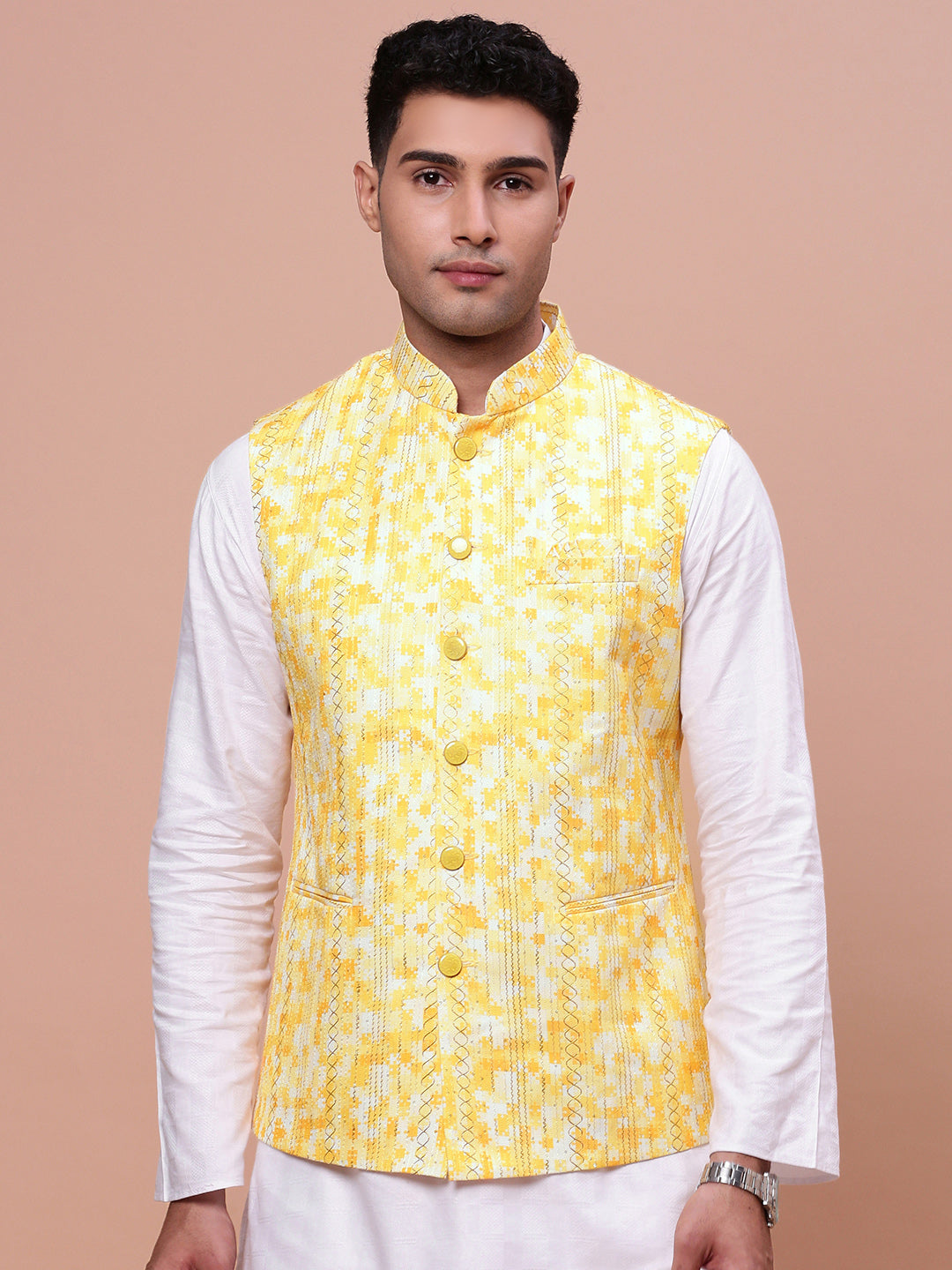 Men Embellished Yellow Slim Fit Nehru Jacket