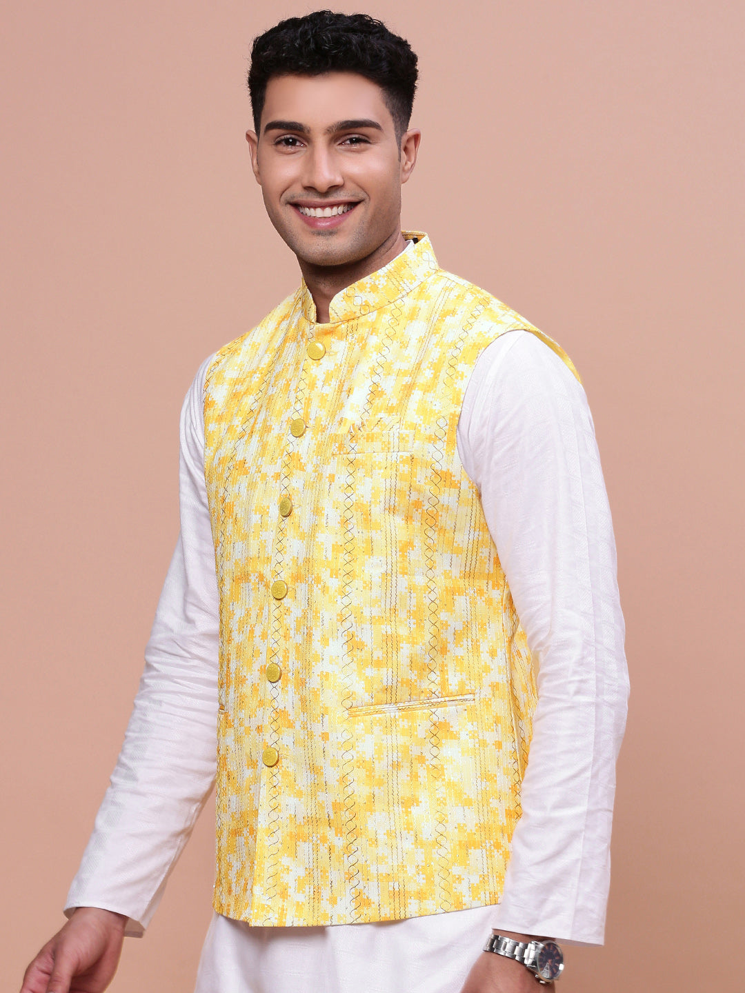 Men Embellished Yellow Slim Fit Nehru Jacket