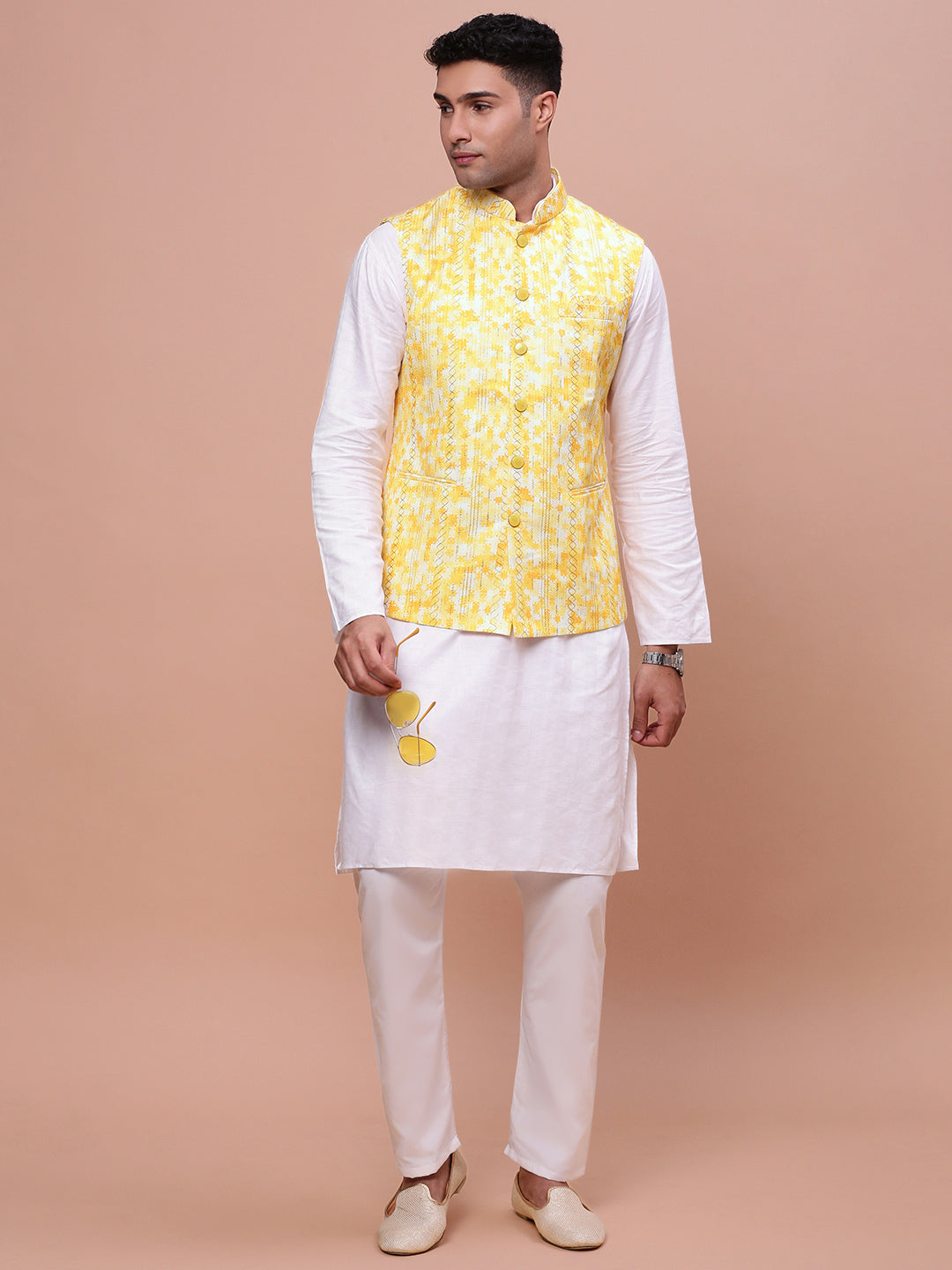 Men Embellished Yellow Slim Fit Nehru Jacket