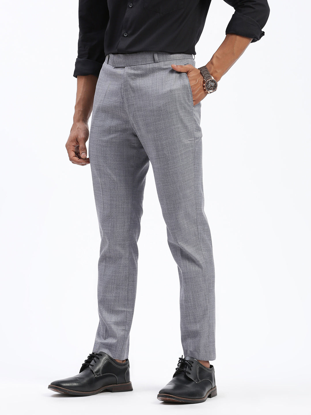 Men Solid Grey Formal Trousers