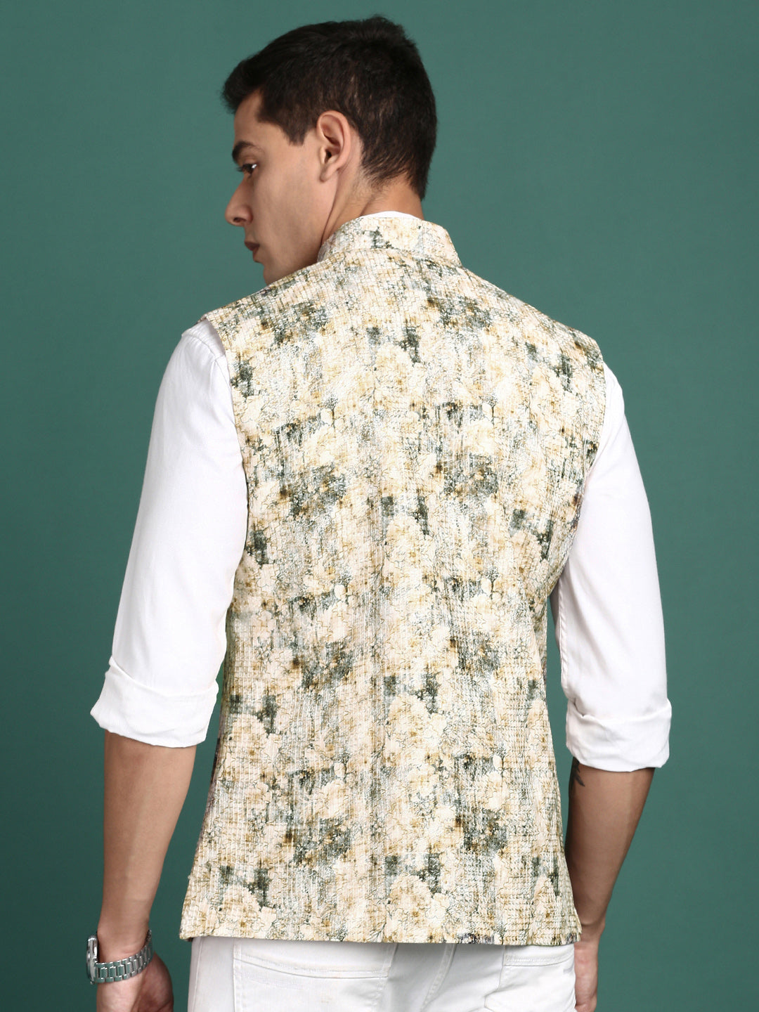 Men Embroidered Cream Slim Fit Nehru Jacket