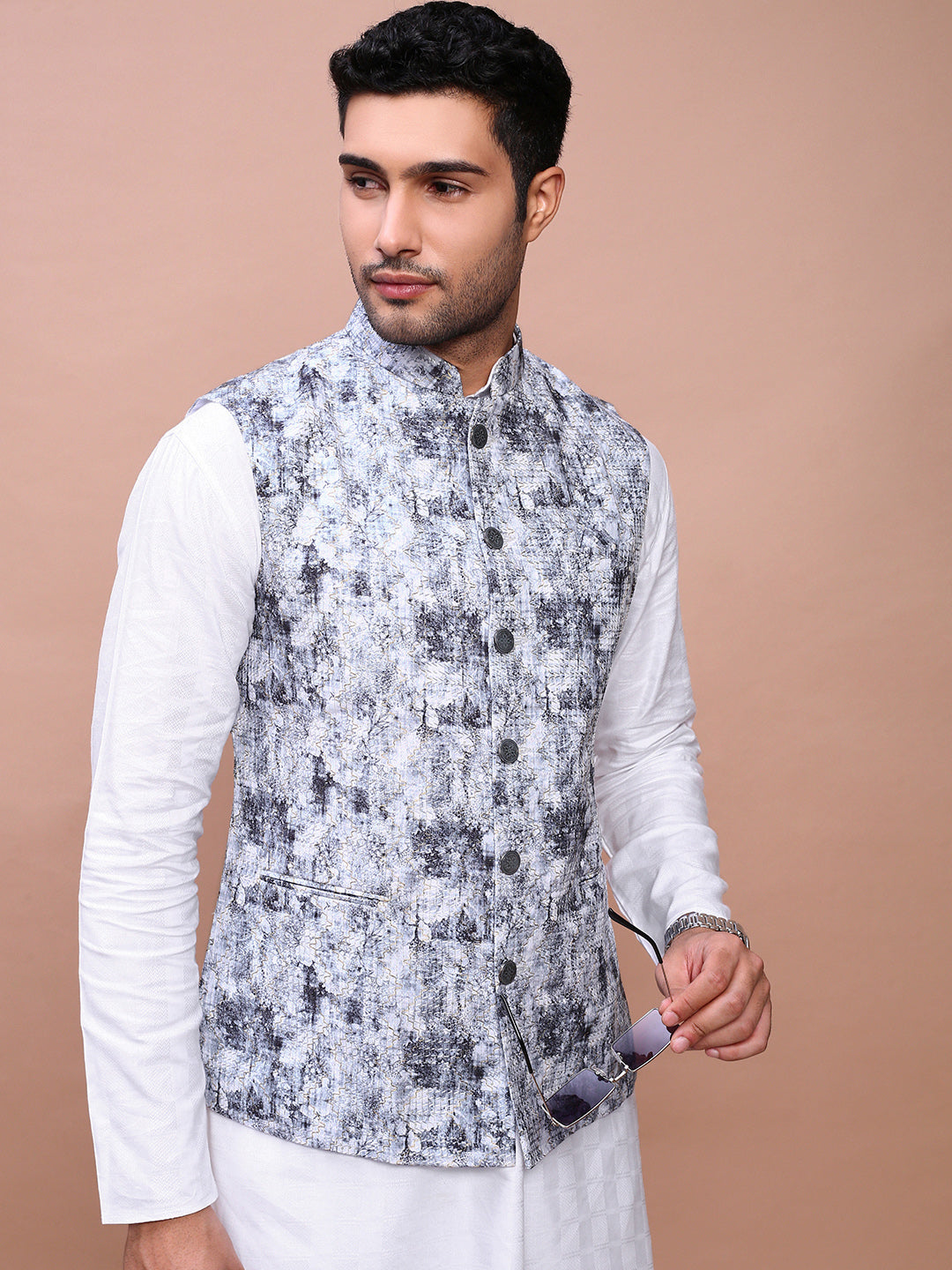 Men Embroidered Grey Slim Fit Nehru Jacket