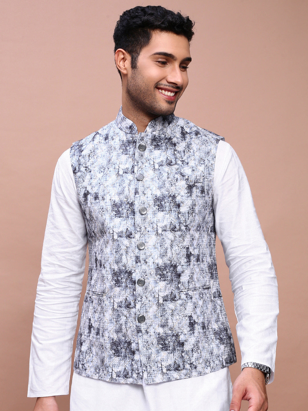 Men Embroidered Grey Slim Fit Nehru Jacket