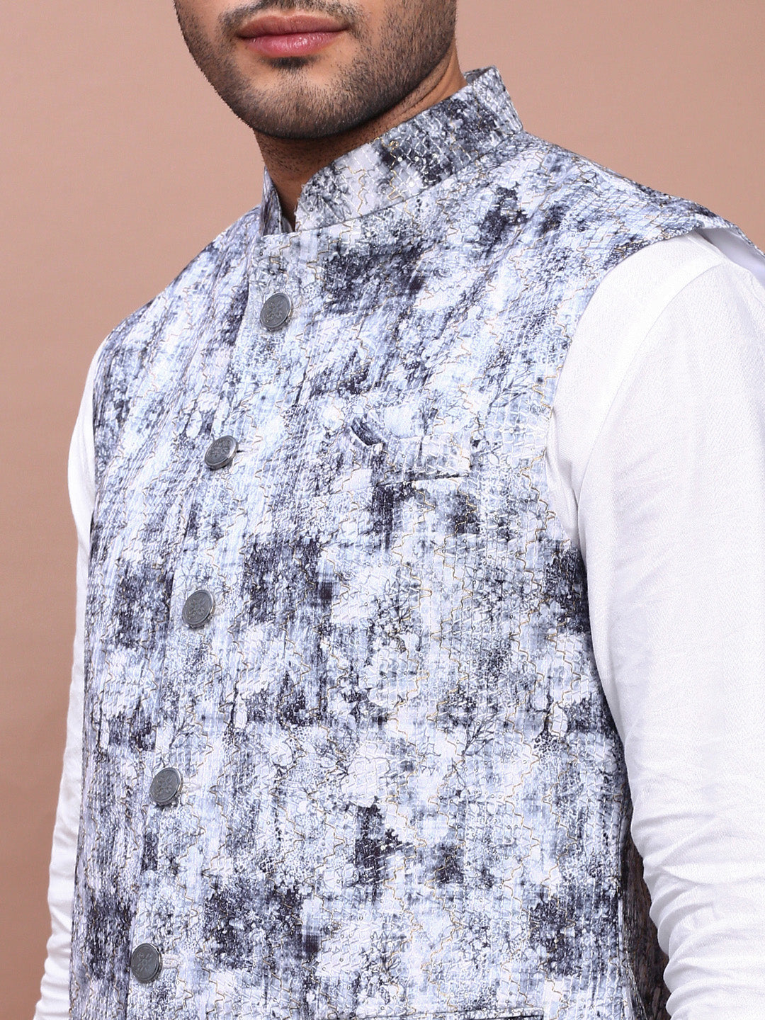 Men Embroidered Grey Slim Fit Nehru Jacket