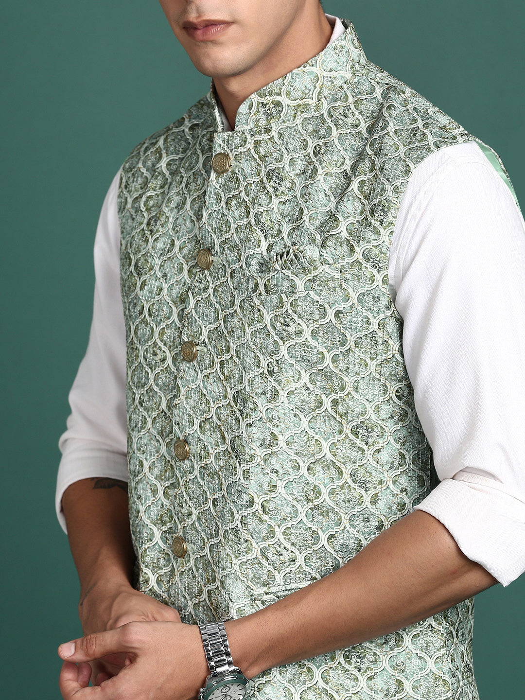 Men Embroidered Green Slim Fit Nehru Jacket