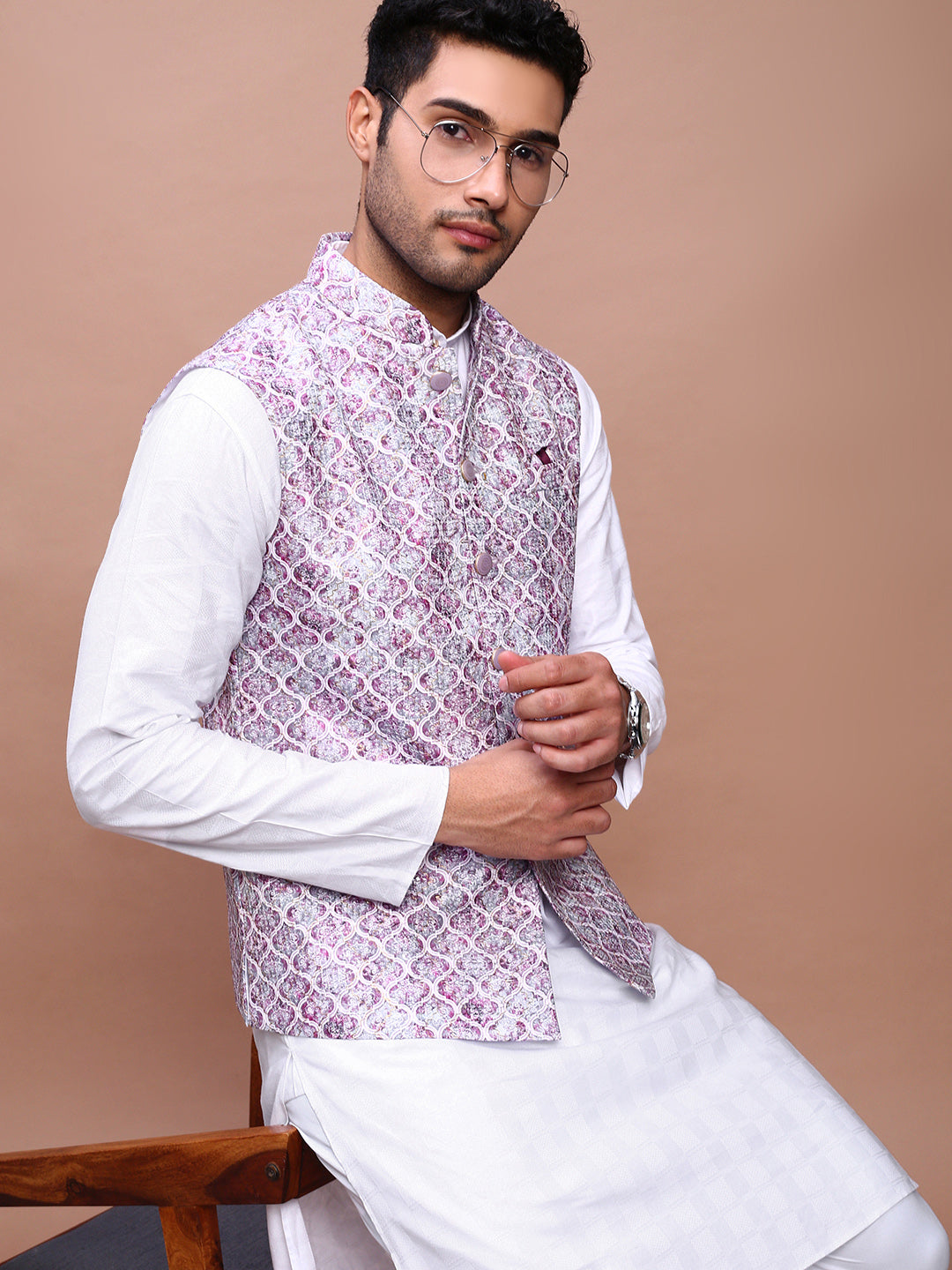 Men Embroidered Purple Slim Fit Nehru Jacket