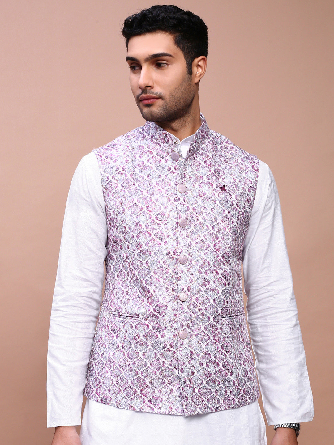 Men Embroidered Purple Slim Fit Nehru Jacket