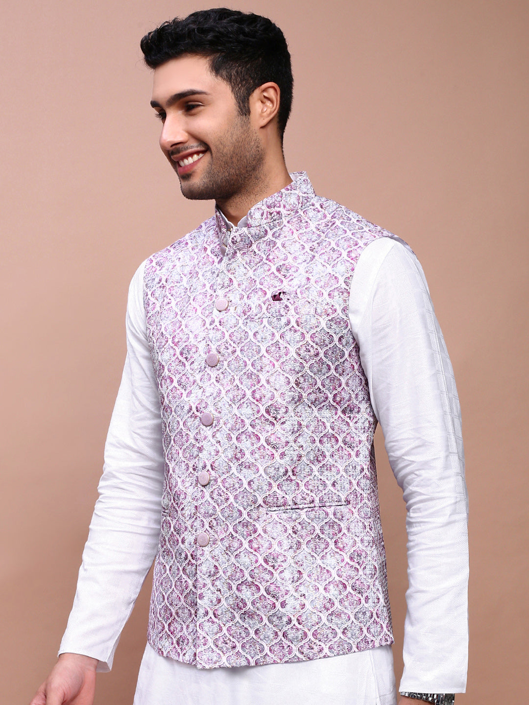 Men Embroidered Purple Slim Fit Nehru Jacket