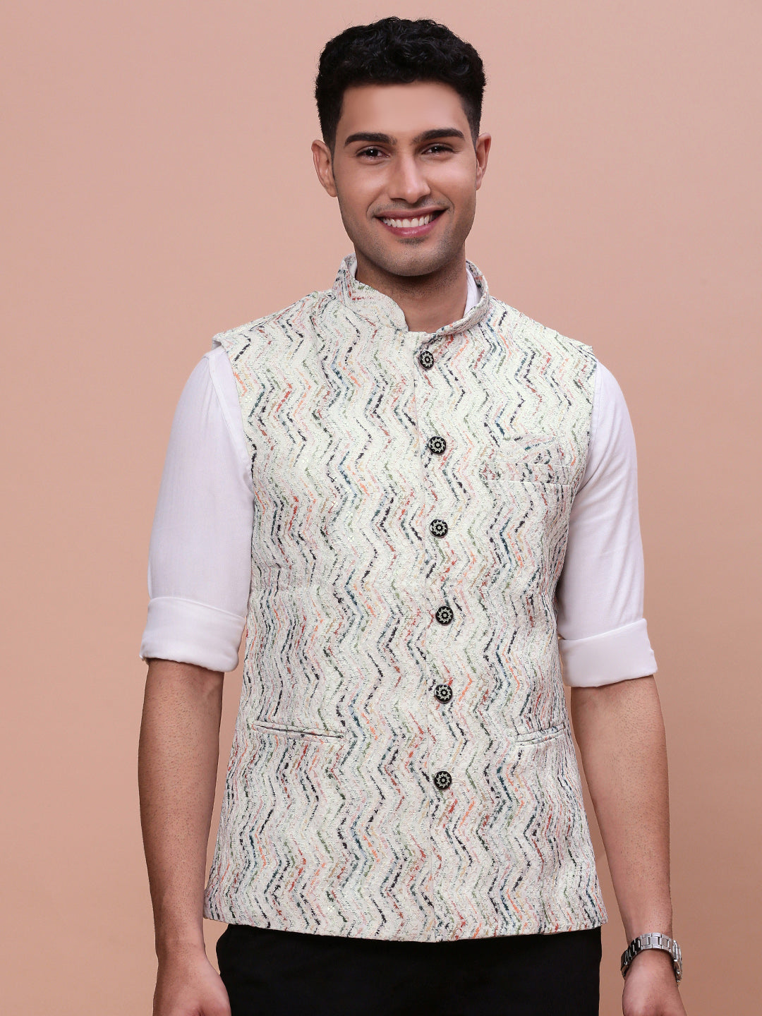 Men Embellished Cream Slim Fit Nehru Jacket