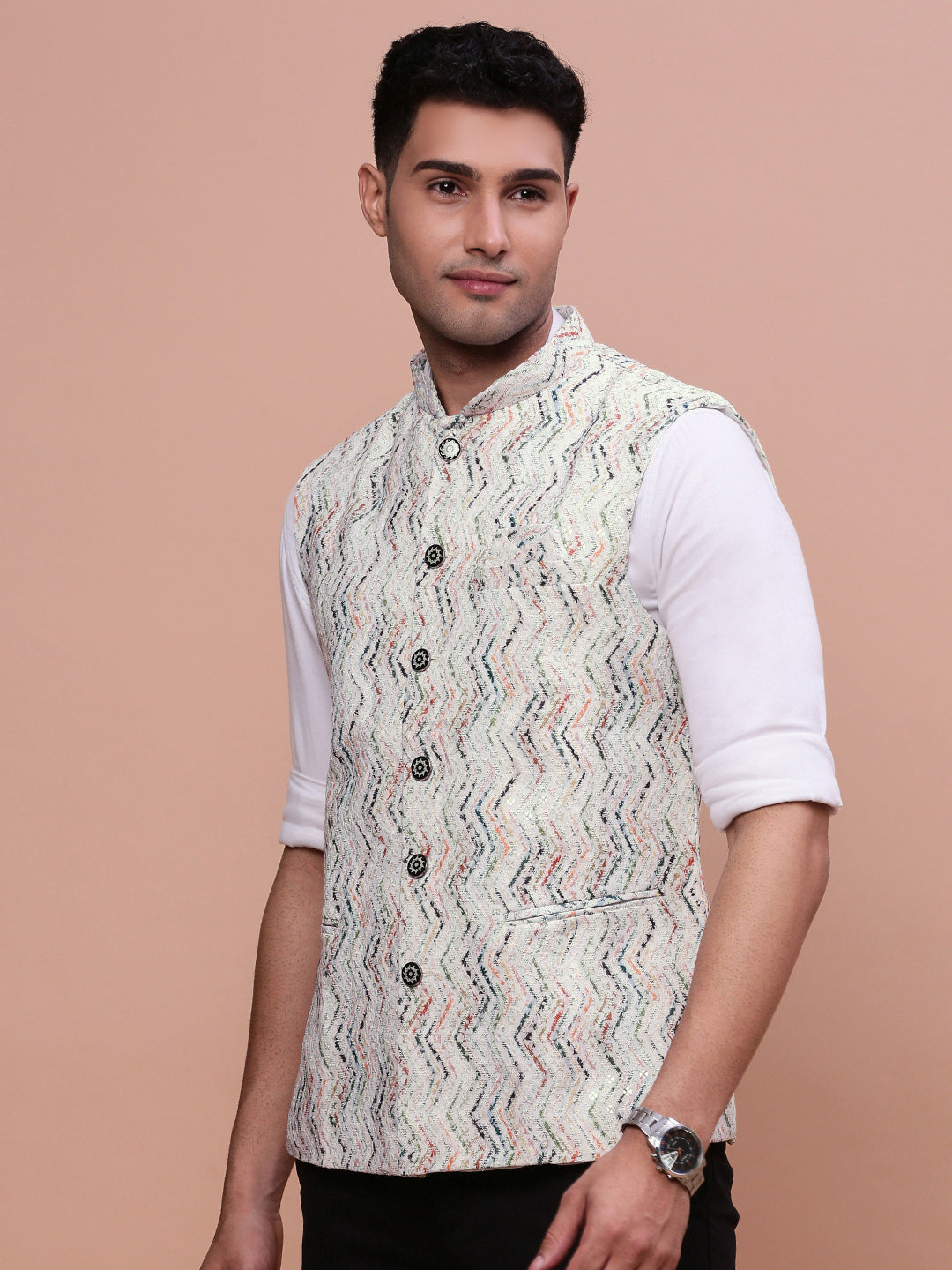 Men Embellished Cream Slim Fit Nehru Jacket